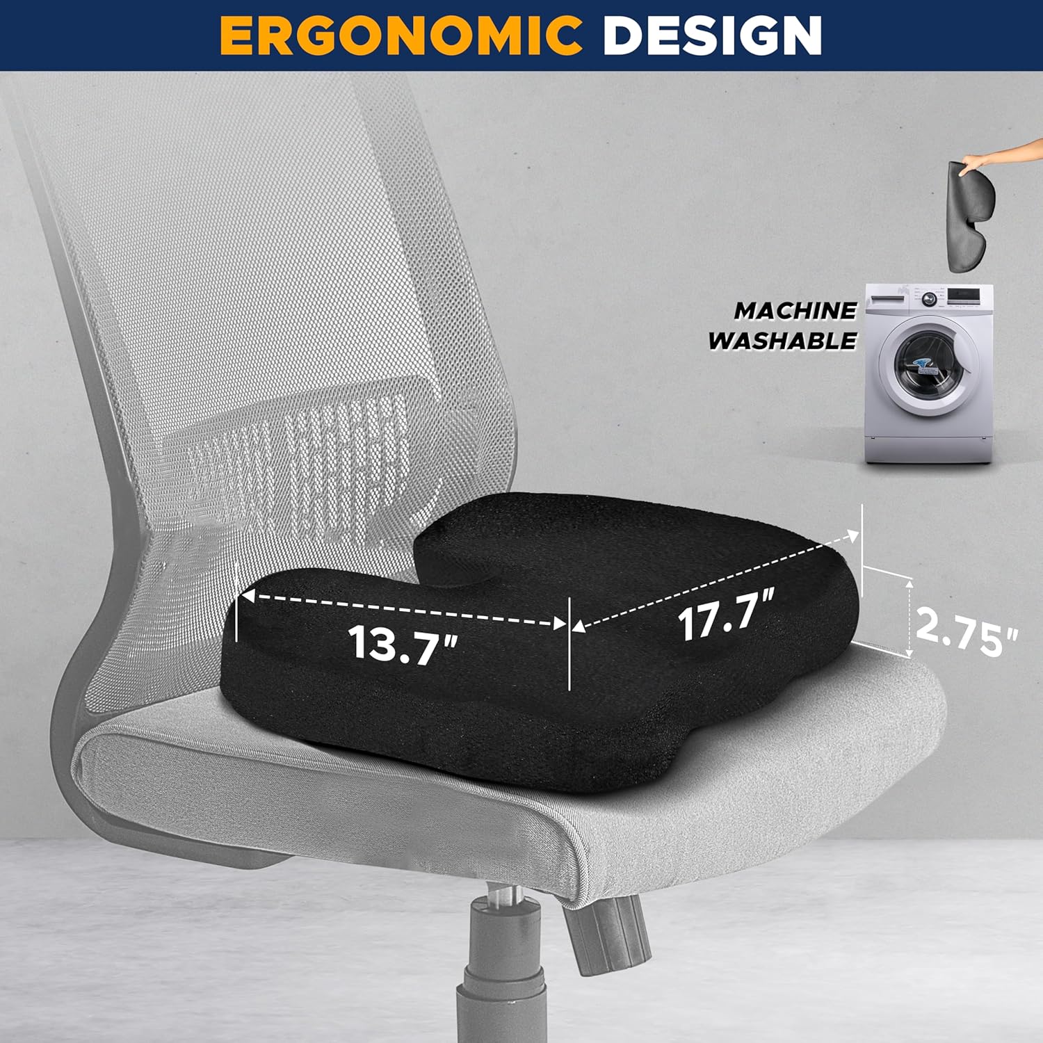EcoNour Thick Seat Cushions for Tailbone Pain Relief (2 Pack) | Orthopedic Desk Chair Cushion for Office, Gaming Chair & Car Seat | Sciatica & Coccyx & Tail Bone Pain Relief for Long Sitting Elderly