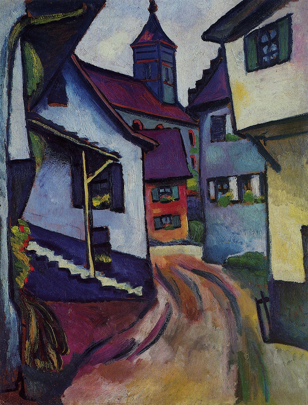 Mur vide ? August Macke Street with Church grand tableau cadre noir moderne