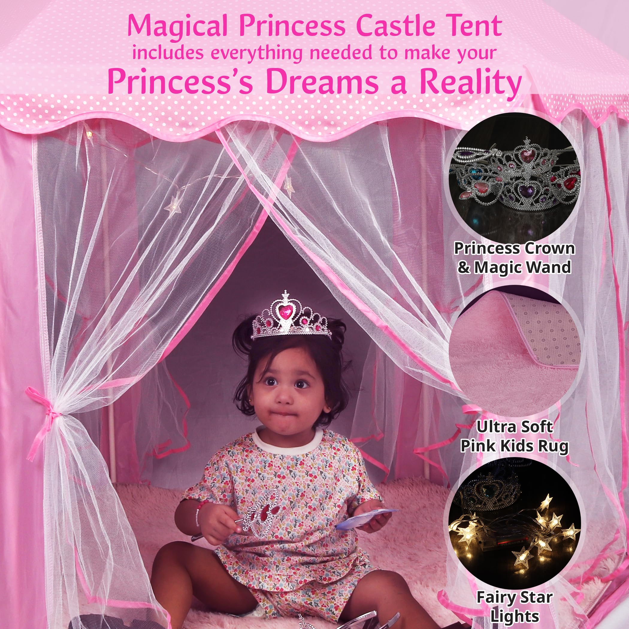 Princess Castle Play Tent for Girls - Large 55'' x 53'' Playhouse with Star Lights for Indoor and Outdoor Play with Lights, Crowns, Wands, and Rug (Pink, 55x53 Inch)