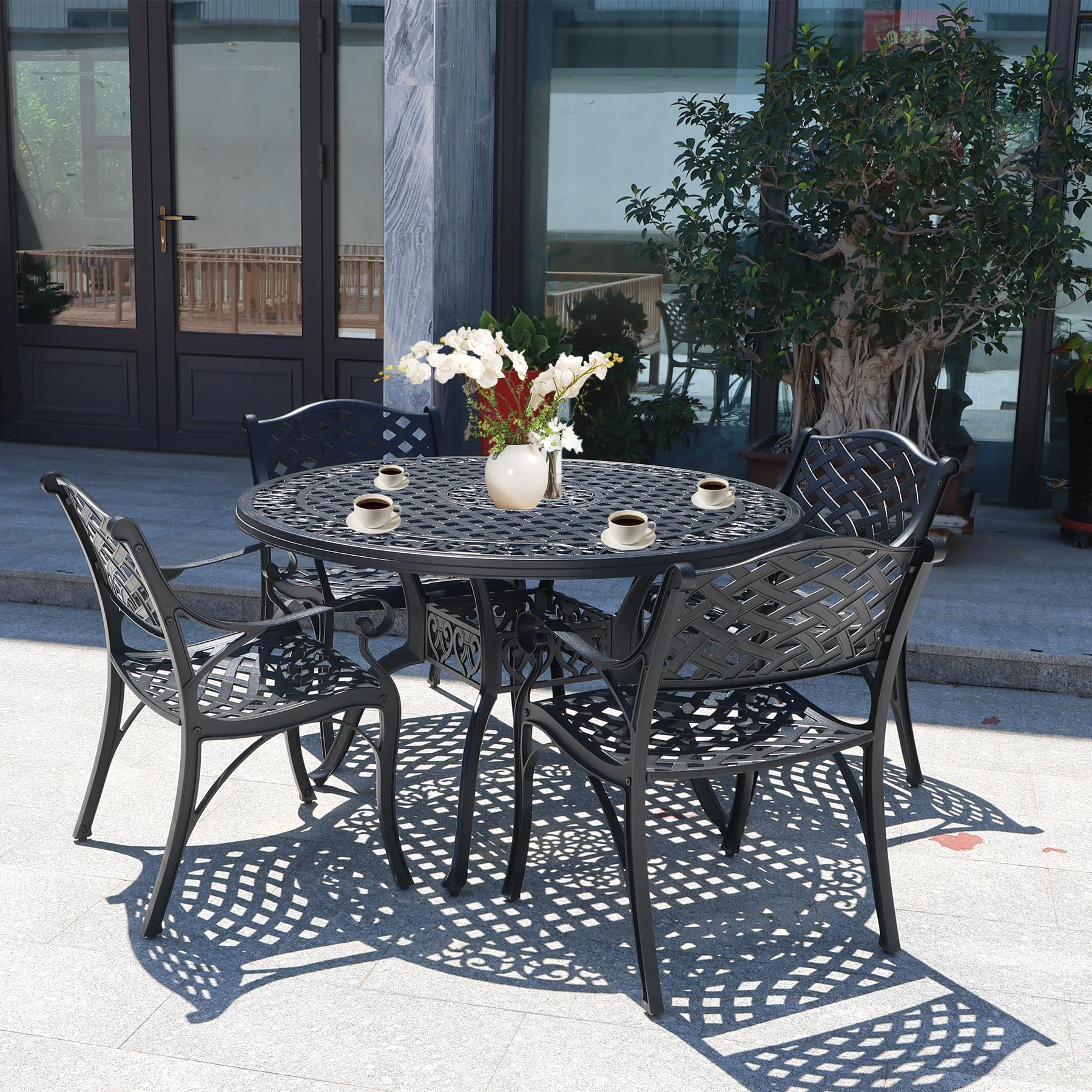 48 inch black iron patio table with umbrella hole Amazon.com: PATIO-IN 7 Pieces Cast Aluminium Patio Dining Set for 6  Person,Round 48