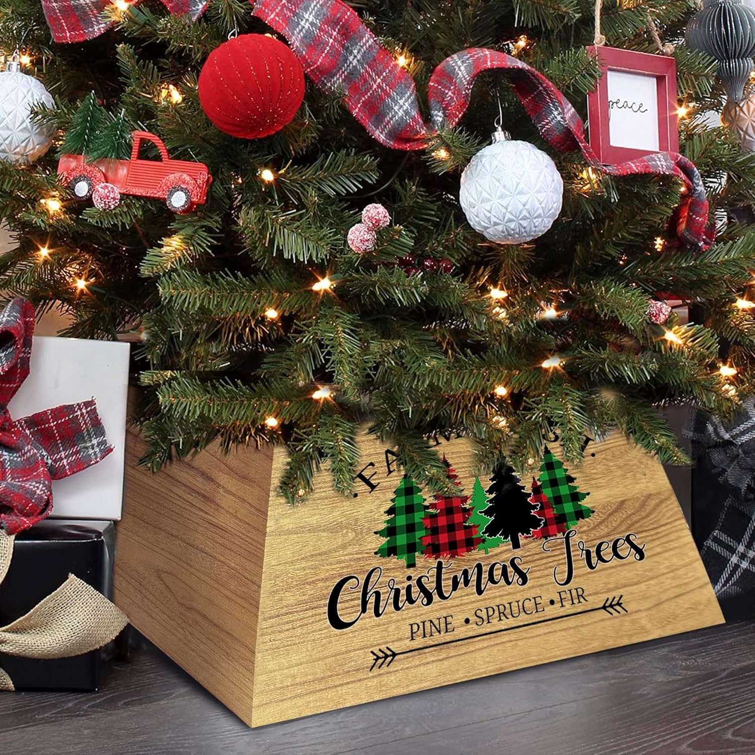 Natural Wooden Trapezoid Christmas Tree Collar, Christmas