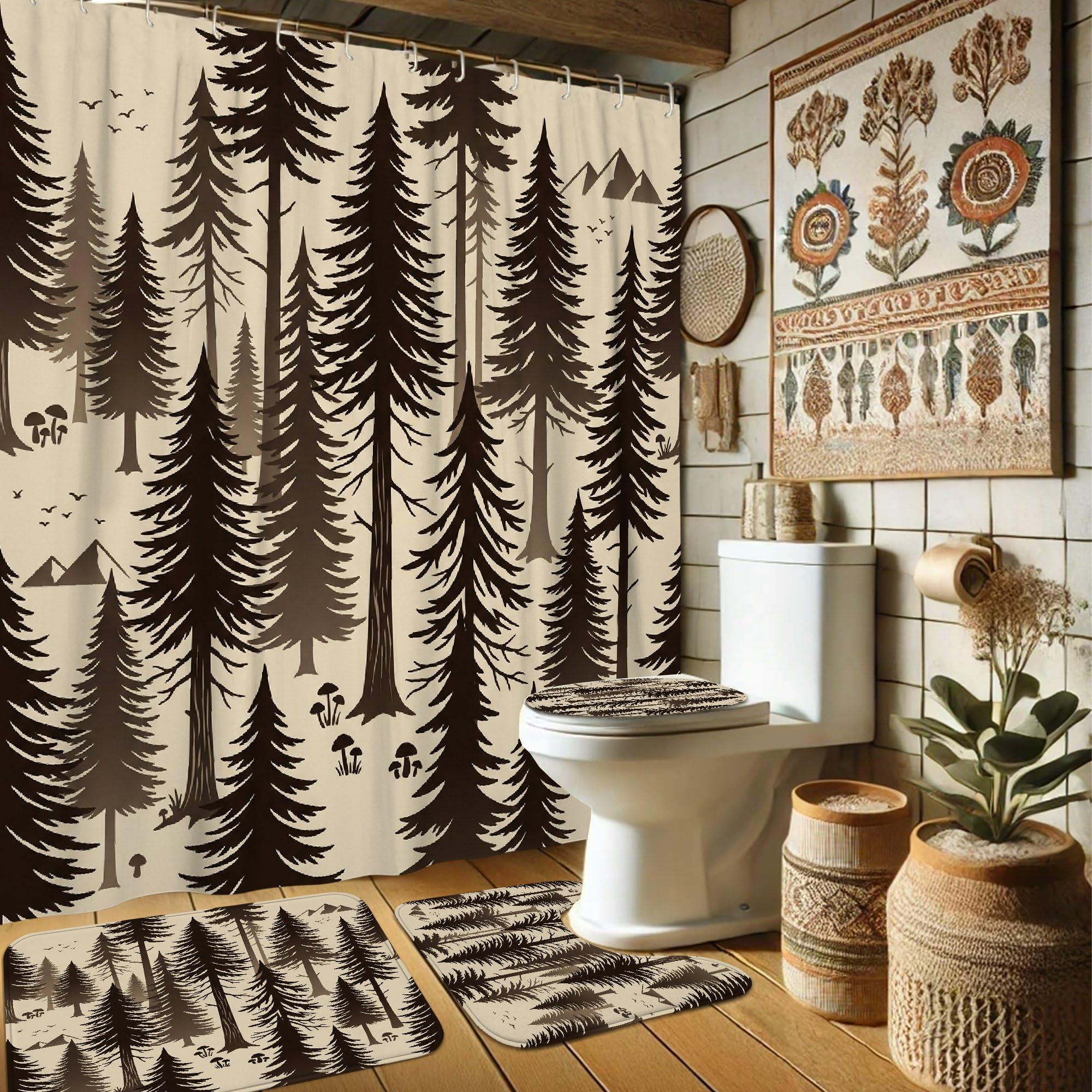 Rideau de douche sapins et tapis pour une salle de bain nature style chalet rustique