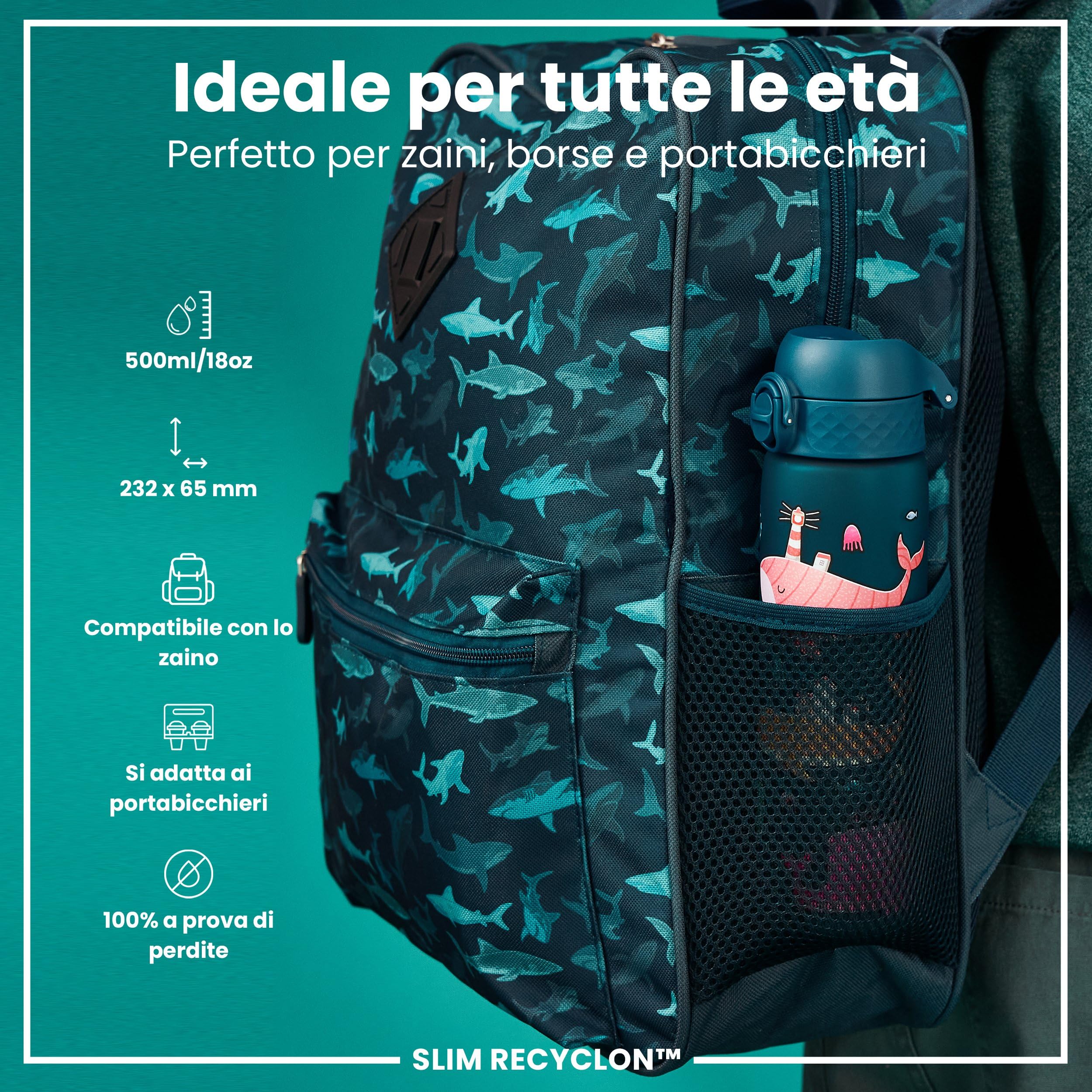 Ion8 Borraccia a Prova di Perdite, 500ml, Facile da Aprire, Serratura Sicura, Lavabile in Lavastoviglie, Senza BPA, Maniglia per il Trasporto, Adatta a Portabicchieri, Facile Pulizia, Balene