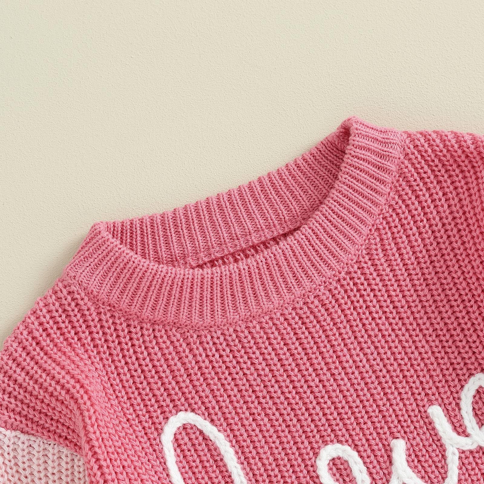 Girls Valentines Day Sweater Toddler Girl Valentines Day Outfit Love Embroidery Knit Pullover Sweatshirt Top(C-Pink,3-4T)