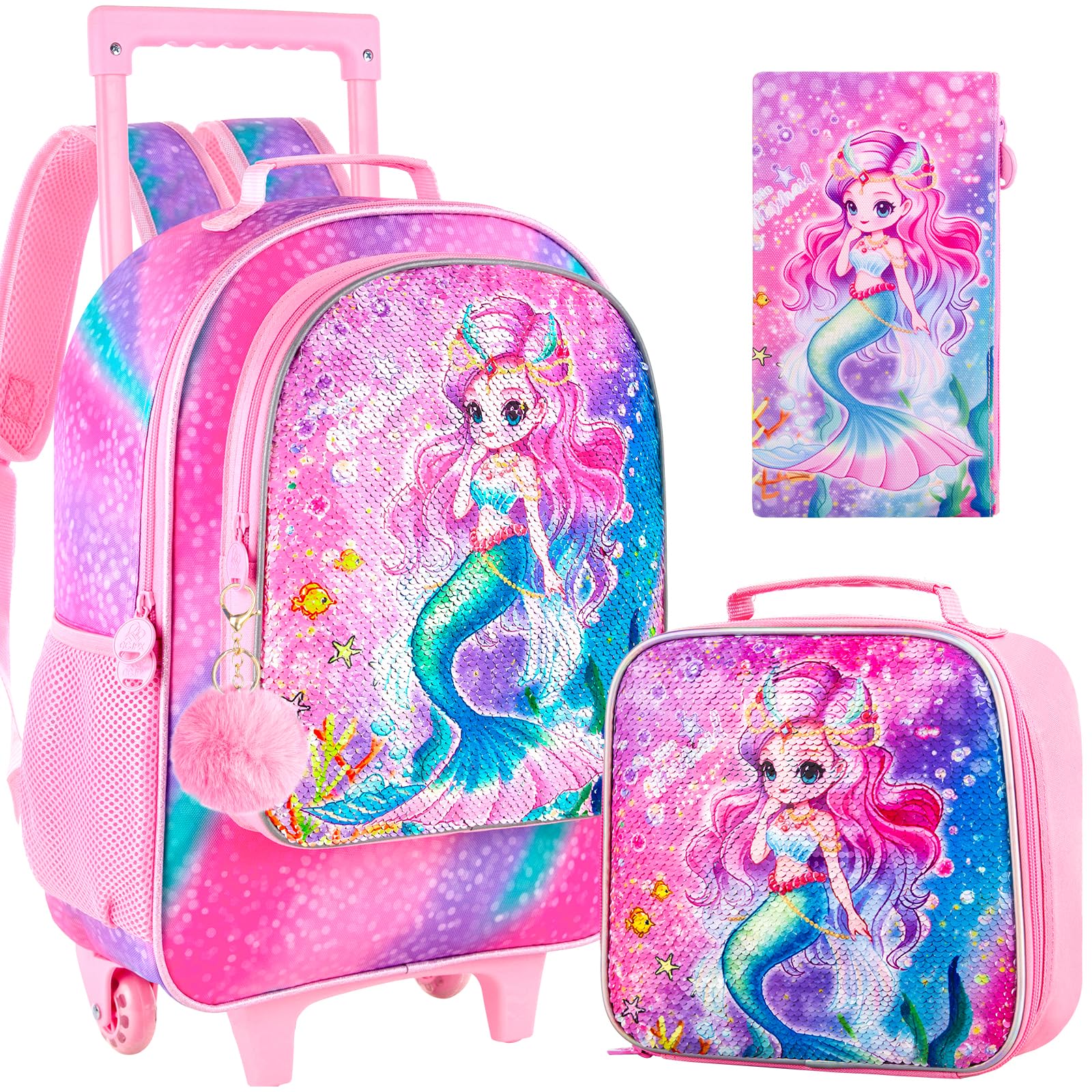 UFNDC3PCS Rolling Backpack for Girls and Boys， Kids Unicorn Dinosaur  Wheeled Bookbag