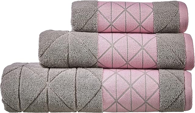 LJ Inca Triangles Diamonds Style 100% Ring Spun Pure Egyptian Cotton Bath Sheets 600 GSM Hotel Quality Super Soft Highly Absorbent and Quick Dry Extra Large Bath Sheet (Bath Sheet, Grey/Pink)