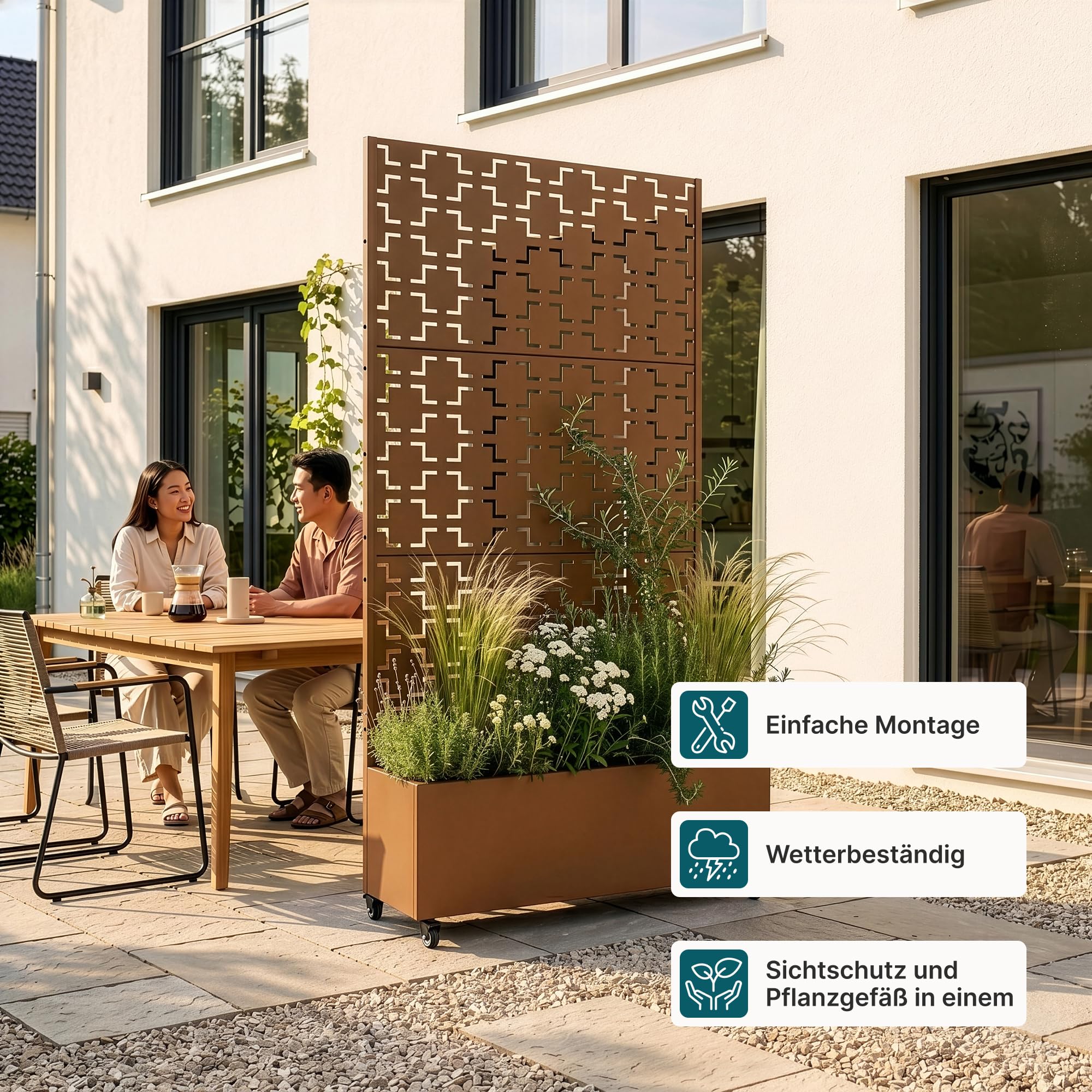 casa.pro Blumenkasten mit Sichtschutz Aaskis Pflanzkübel mit Rankgitter Metall Pflanzkasten Balkon 190 hoch Outdoor Trennwand mit Rollen Garten 190 x 82 x 38 cm Braun