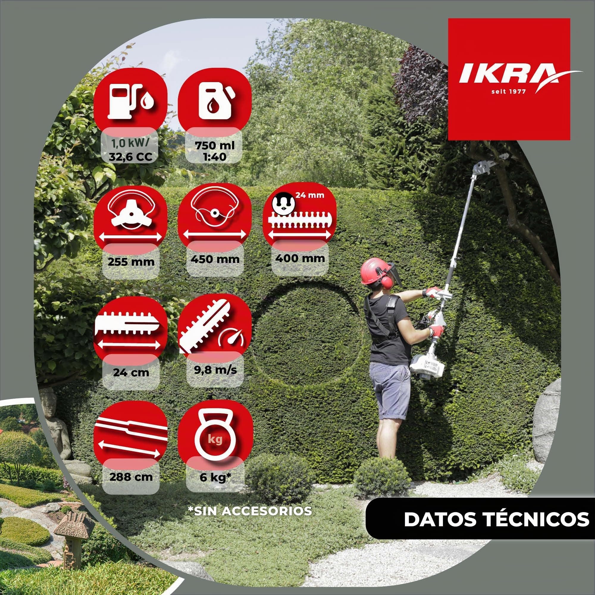 IKRA Herramienta multifunción IBKH 33-1 de Gasolina 4en1, 32,6 cm³, 1,0 kW | 4 herramientas en una: desbrozadora, cortabordes, cortasetos y podadora, motor de 2 tiempos y sistema de arranque fácil