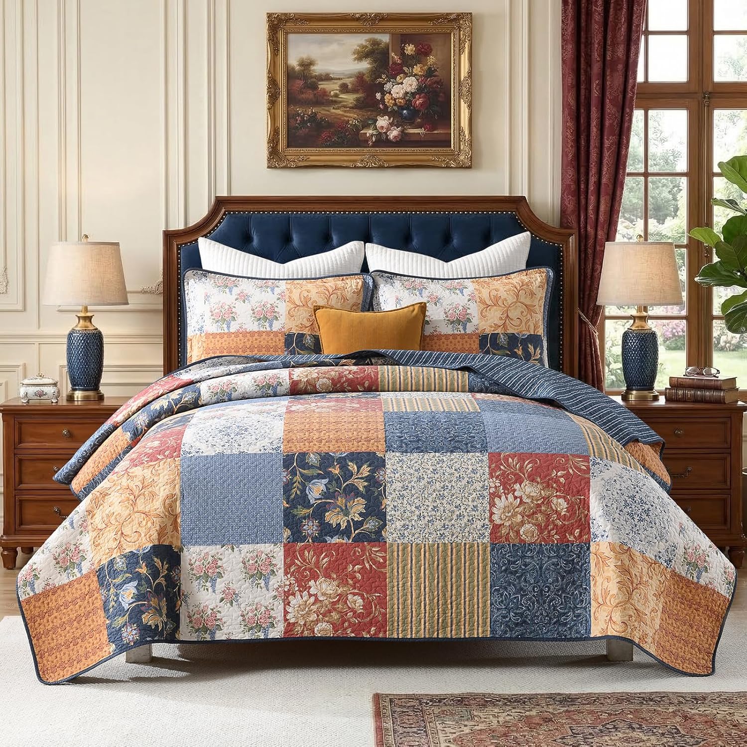 Uniclinens 100% Cotton Quilts Queen Size - Vintage Cottage Patchwork Floral Plaid Reversible Quilt Bedding Set Coverlet Bedspread, 3 Piece Lightweight Comforter for All Season, Navy/Red/Blue/Yellow