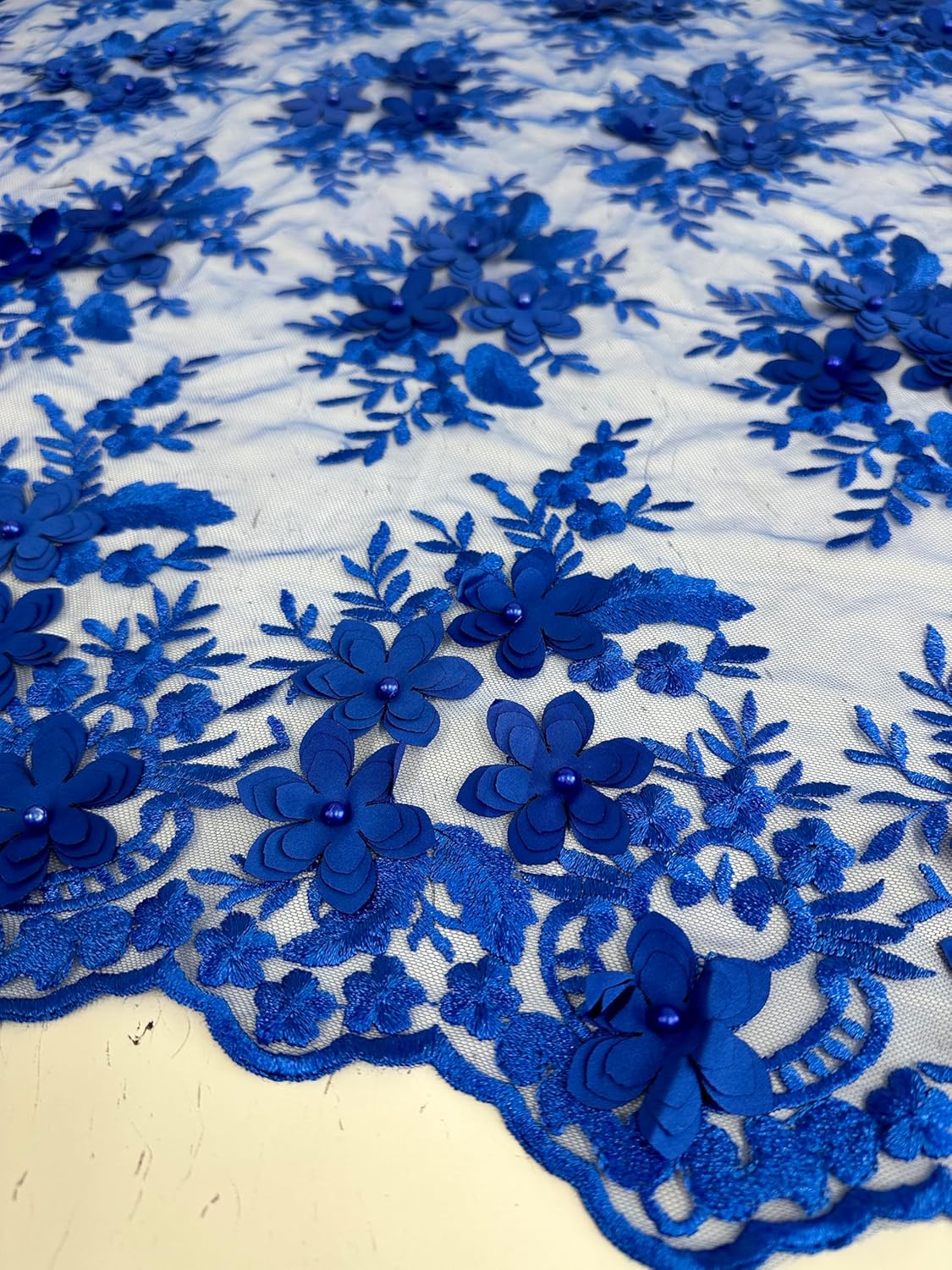 Deluxe 3D Floral Mesh Bridal Lace Fabric - Tear Resistant - 2 Way Stretch Laces Fabric - Scalloped Edges - Polyester Mesh - Apparel, Curtains, or Crafts - Lightweight - 55" Wide - 1 Yard (Royal Blue)