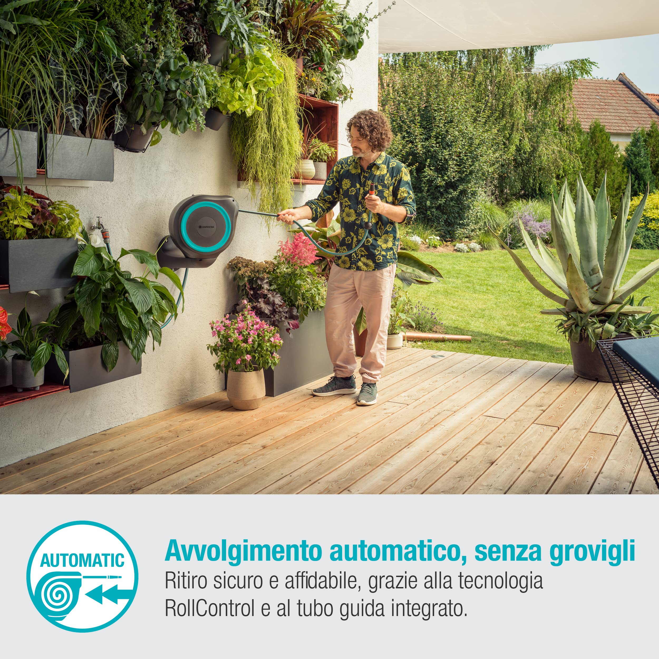 Gardena Avvolgitubo da Parete RollUp M, incluso Tubo da Giardino 20 m con Lancia e Raccordi, Avvolgimento Automatico, Ruotabile di 180 gradi, per Giardini Piccoli e Terrazzi, Azzurro (18610-20)