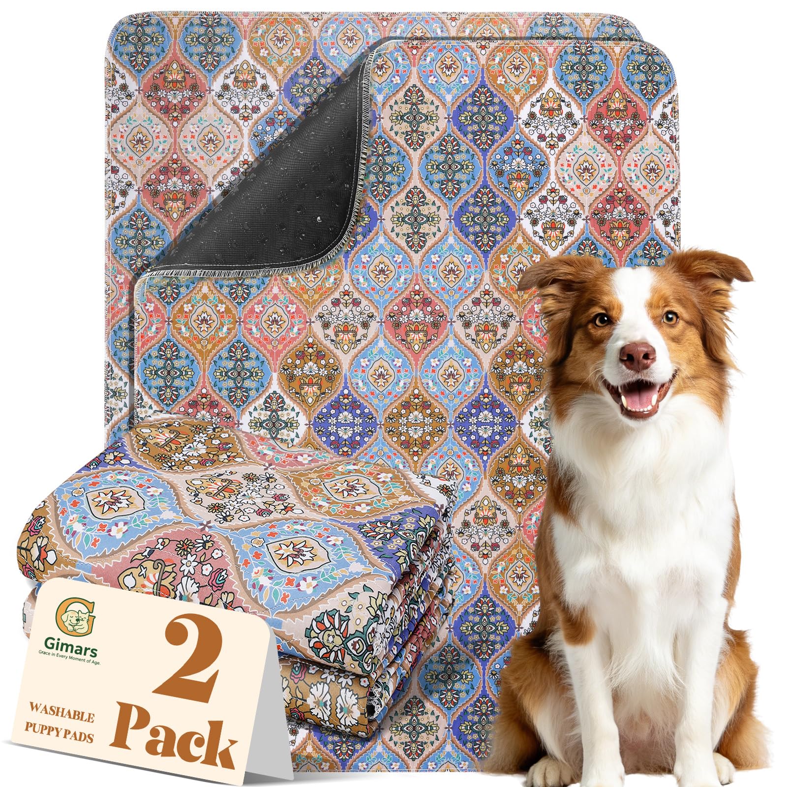 Gimars Podkładki treningowe wielokrotnego użytku dla zwierząt domowych, 2-pak, 50 x 60 cm, boho, zmywalna, antypoślizgowa, szczelna, szybkoschnąca, dla psów, kotów, kojec