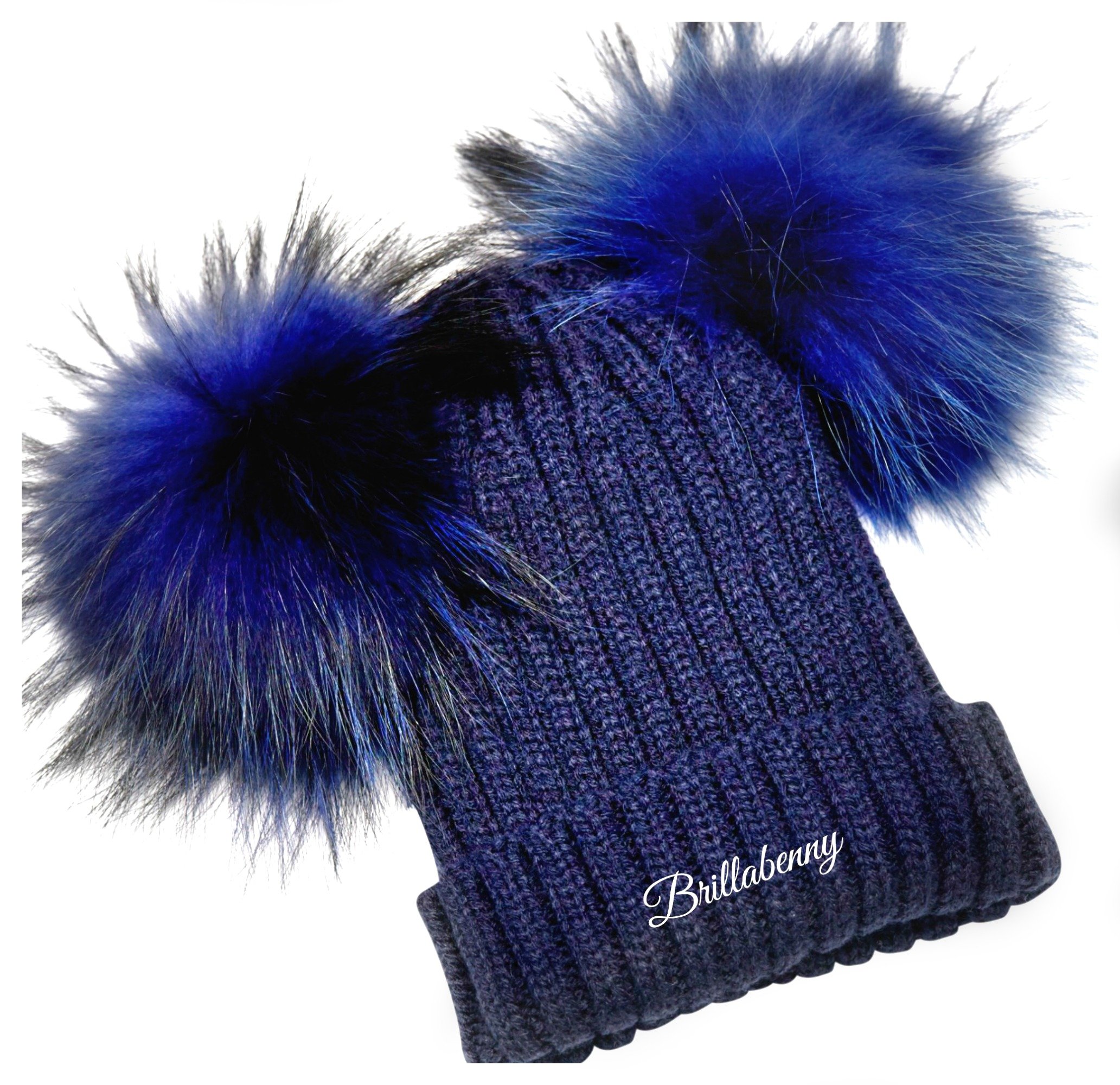 Cappello Cuffia Bambino Blu Navy 2 PON PON Vera Pelliccia 1-3/4 Anni Berretto Misto Lana Luxury Blue