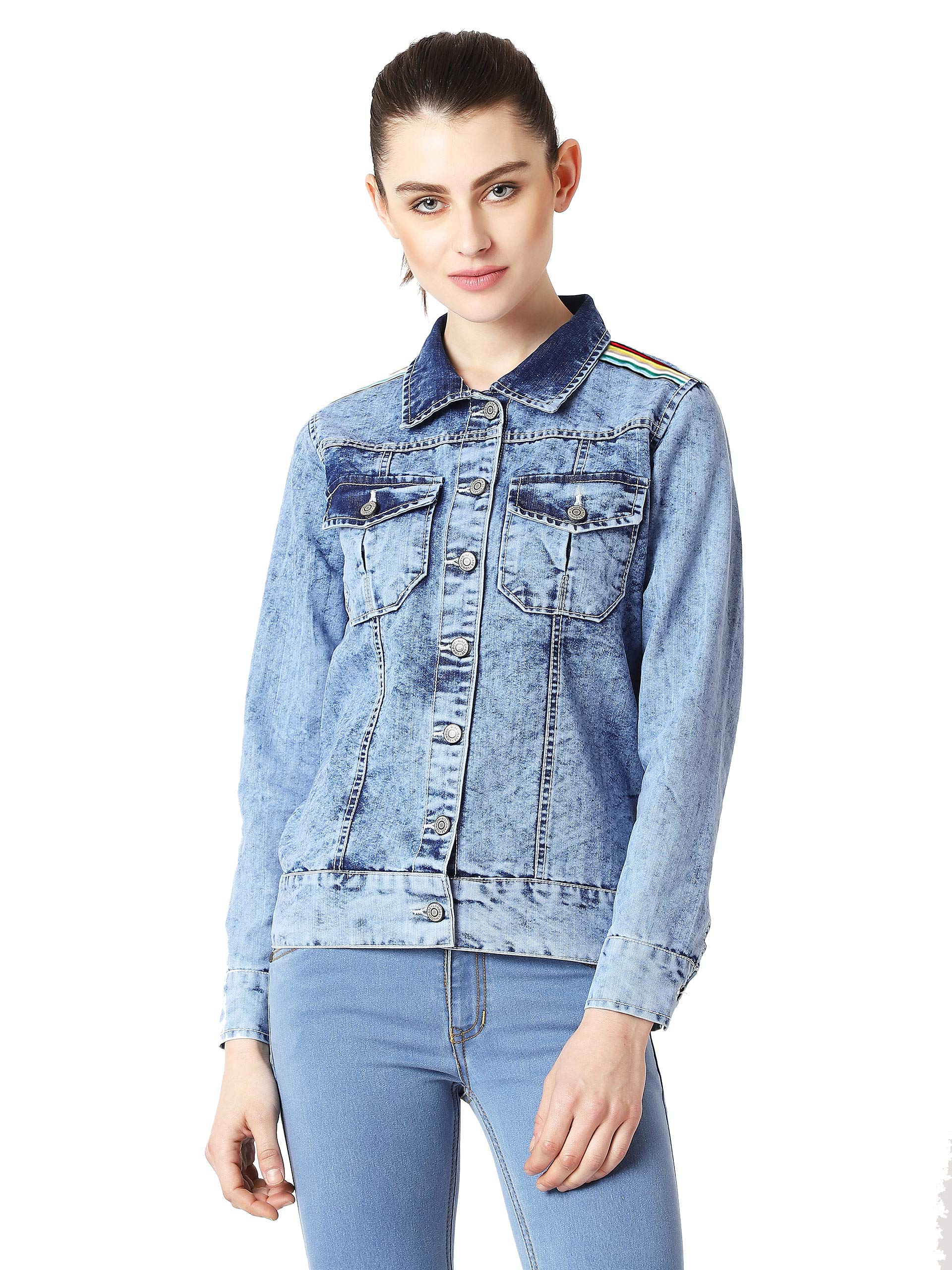 miss chase Women's Light Blue Collared Full Sleeve Buttoned Ice Wash Twill Tape Detailing Denim Jacket-picture-43