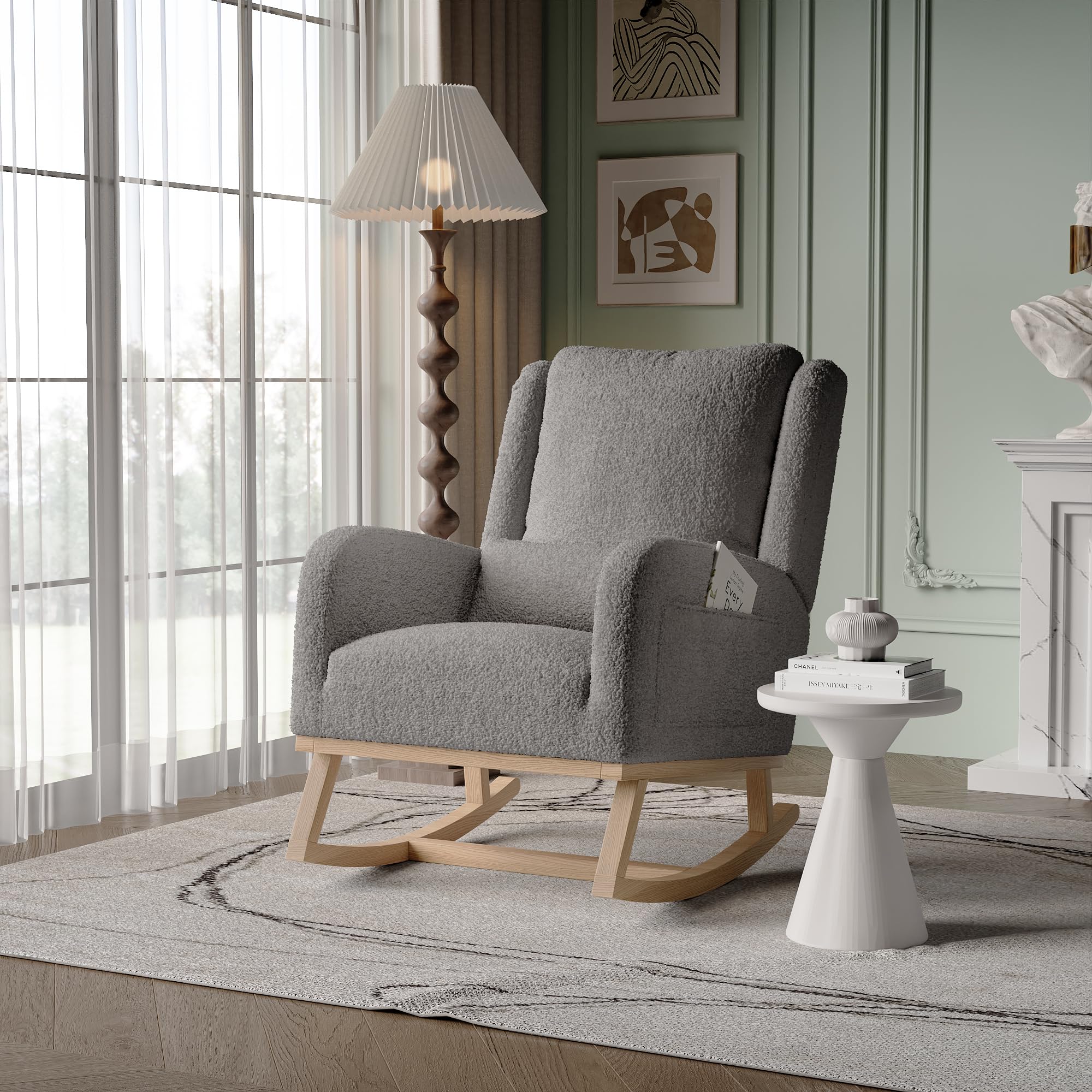 Fauteuil d'allaitement, Fauteuil a Bascule avec Dossier Haut, Coussin Lombaire et Poche Latérale, Chaise Allaitement Chambre Bebe Rocking Chair Bois Interieur pour Salon, Coucher, Tissu en Velours