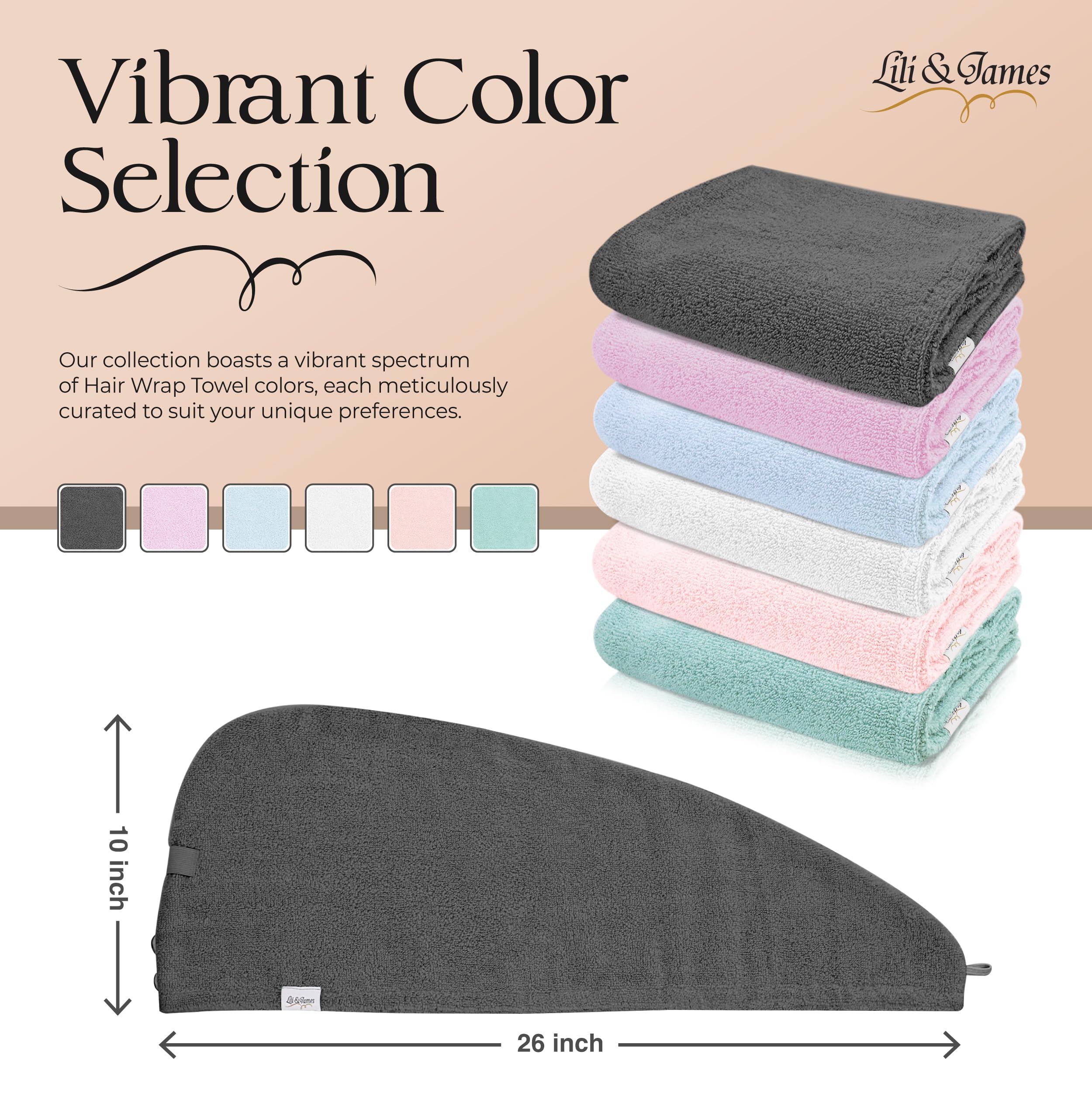 Lili&James Toalla de algodón para el cabello para mujer, secado rápido, suave y absorbente, 10 x 26 pulgadas, toallas envolventes con doble botón