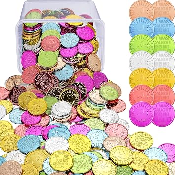 Leitee 400 Pcs Caught Being Good Tokens Good Behavior Bulk Incentive Coins Reward Coins Kid Smile Face Colored Plastic Token with Clear Box for Student Reward Classmate Prizes School Teacher Props