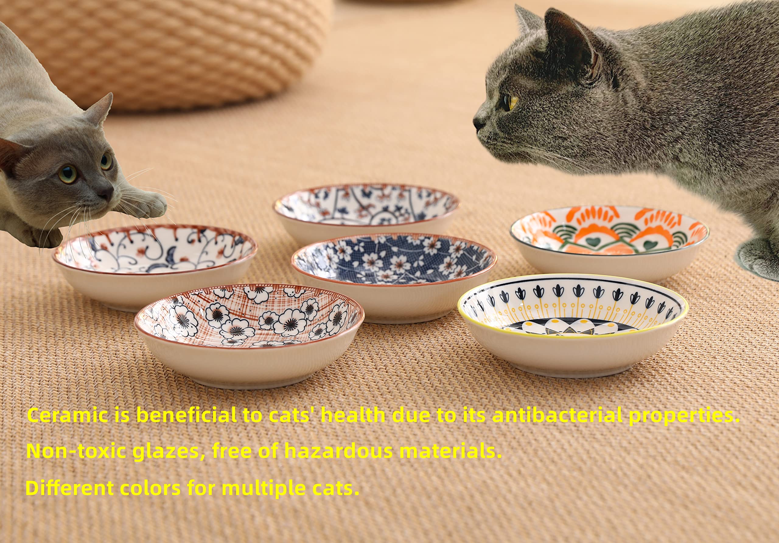 6PCS Ceramic Cat Bowls - 5.5 Inch Shallow Dish For Whisker Fatigue, Cute Heart & Paw Print, Non-Slip, White - View #8
