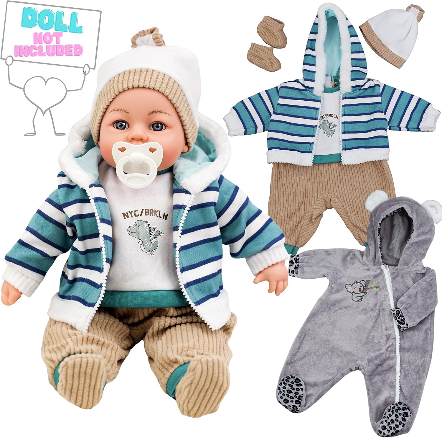 Bibi Doll - Baby Doll Clothes Boy & Girl Set Of Two Outfits Suitable For 18" Baby Doll (Boy Doll Clothes Set of 2-Design 2) - Image 3