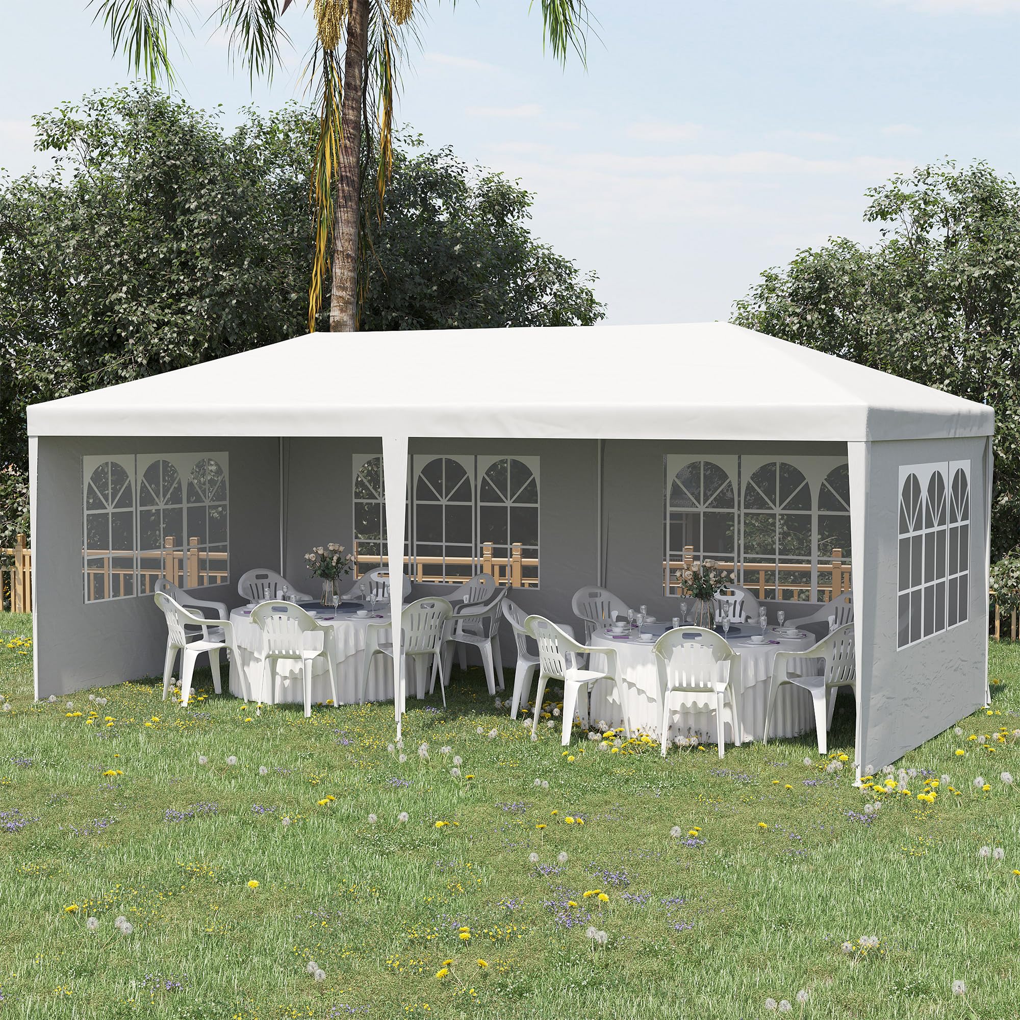 Outsunny Gazebo da Giardino per Eventi con Pareti Laterali Rimovibili, 4 Finestre e 12 Fori di Scarico, Gazebo da Esterno in Acciaio e Polietilene per Matrimoni, Feste, Giardino, Bianco