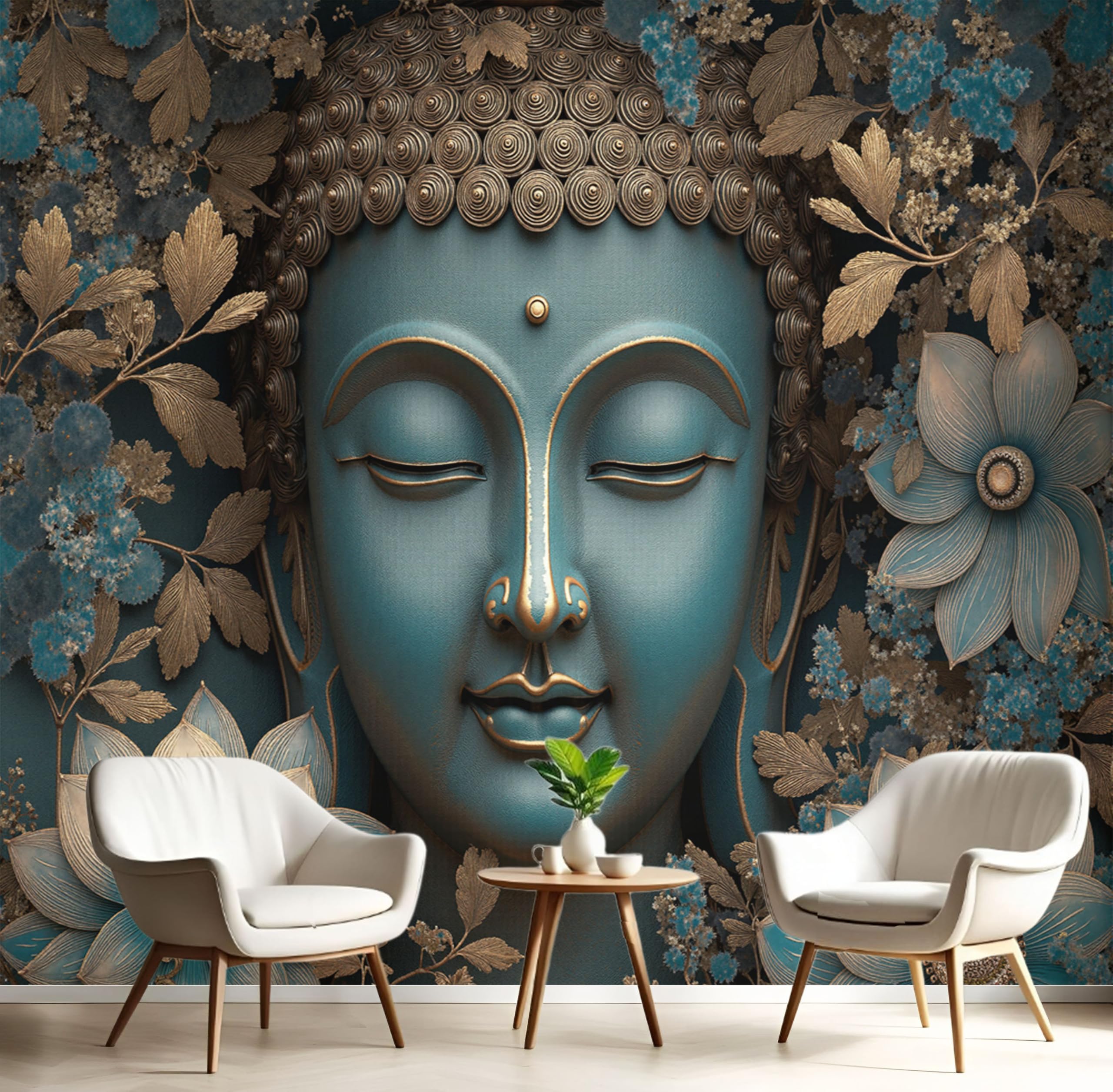 Pared Papel 3D Seda Papel Pintado Murales Plantas Y Flores Estatua De Buda Con Flores, Dormitorio Sala Tv Fondo Decoración De Pared Decorativos Fotomurales Murales Turquesa, 350 x 256 cm