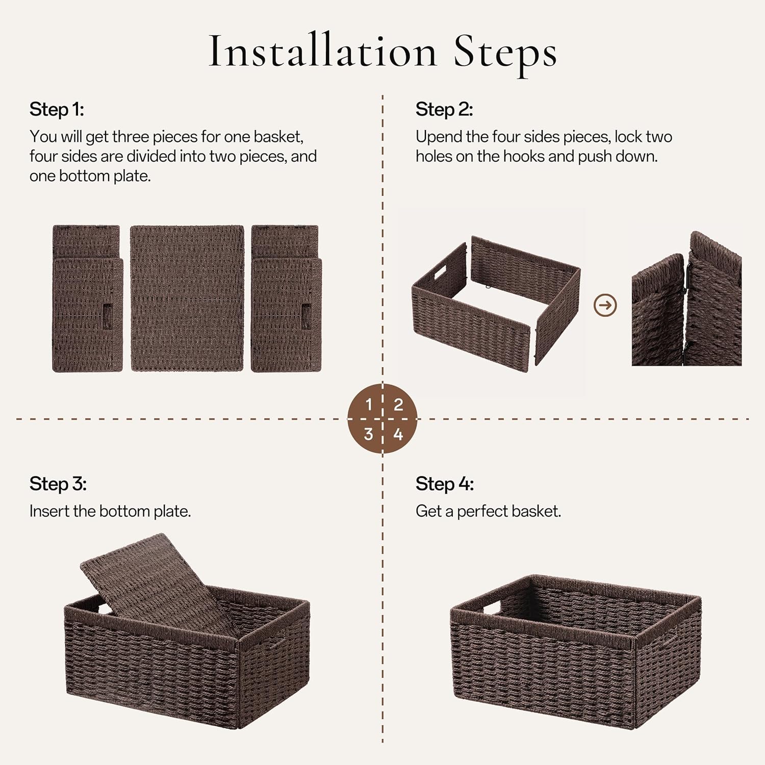 joybest Wicker Storage Baskets, Set of 4 Hand-Woven Paper Rope Dark Brown Baskets for Organizing, Foldable Rectangular Storage Organizer Bins for Shelves with Handles 13.4L x 8.3W x 7.1H