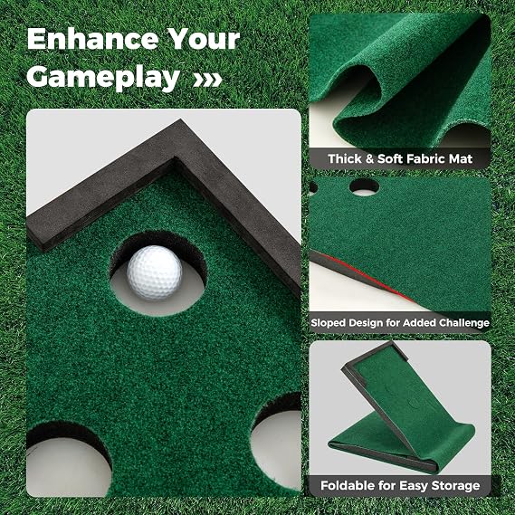 COSTWAY Putting Green Mat, 11 FT Premium Golf Pong Game Set with 2 Adjustable Putters, 6 Balls and 12 Hole Covers, Indoor Outdoor Golf Training Mat