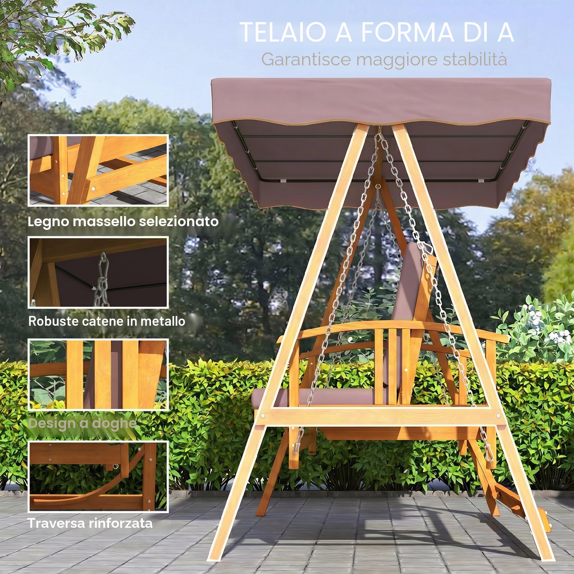 Outsunny Altalena da giardino 2 in 1 con funzione allungata, 3 posti, in legno, con tetto parasole, seduta, panca a dondolo fino a 330 kg, per giardino, terrazza, 236 x 130 x 181 cm, marrone