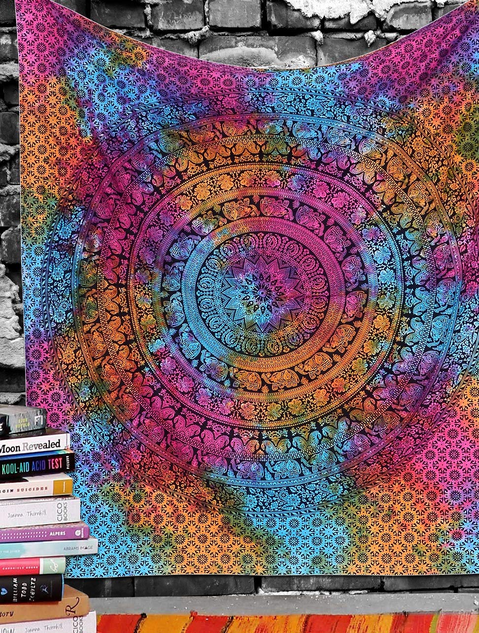 MarubhumiMarubhumi Indian Tapestry Wall hangings Multi Dye Hippie Mandala Tapestry Wall Art Collage Dorm Beach Throw Bohemian Tapestry Wall Decor Boho Bedspread, Twin (85x55 inch, Multi Dye)