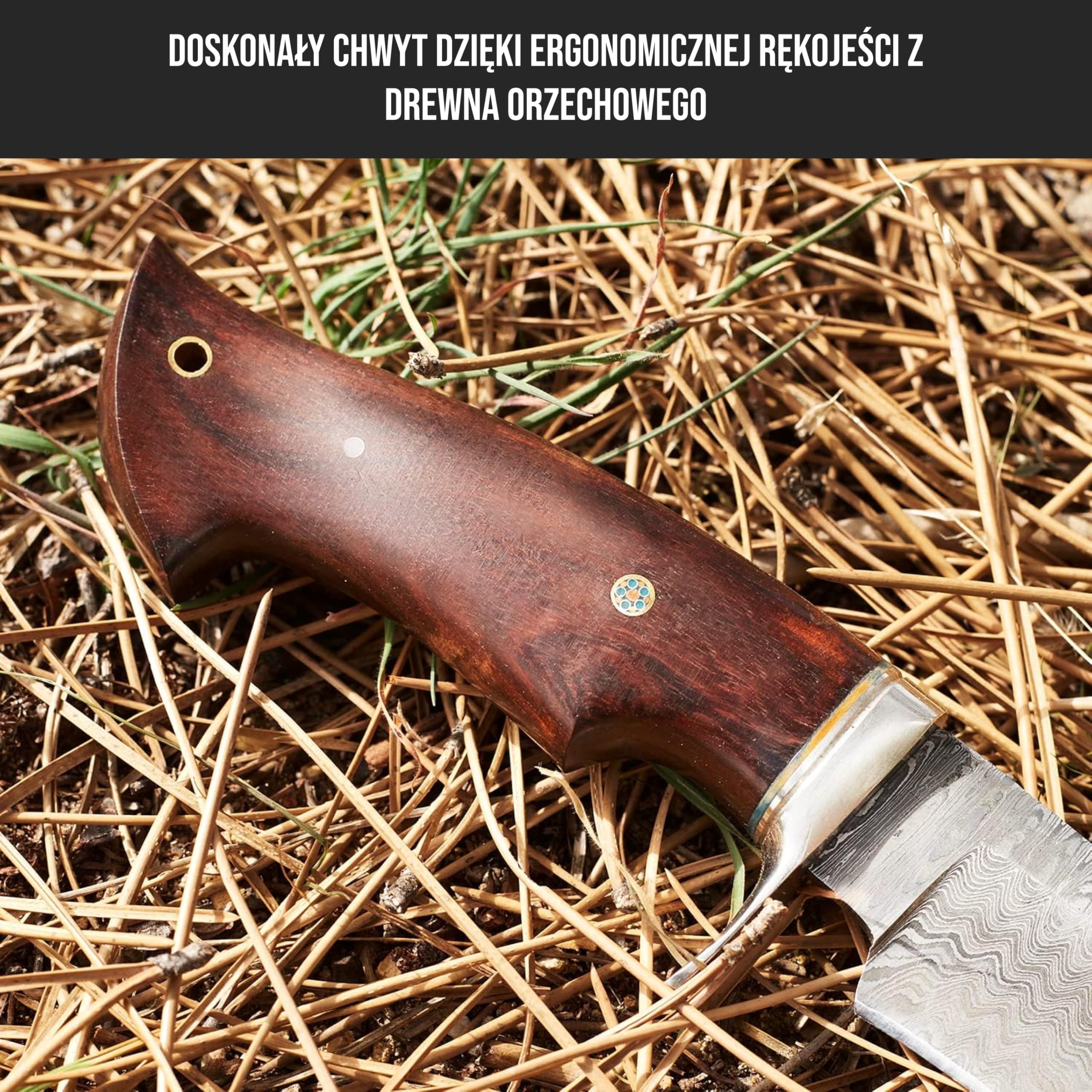 BIGCAT ROAR Ręcznie robiony nóż myśliwski z damasceńskiej stali - nóż stało ostrze z pochewką i uchwytem z orzecha - 12 "nóż outdoorowy - myśliwy leopardów