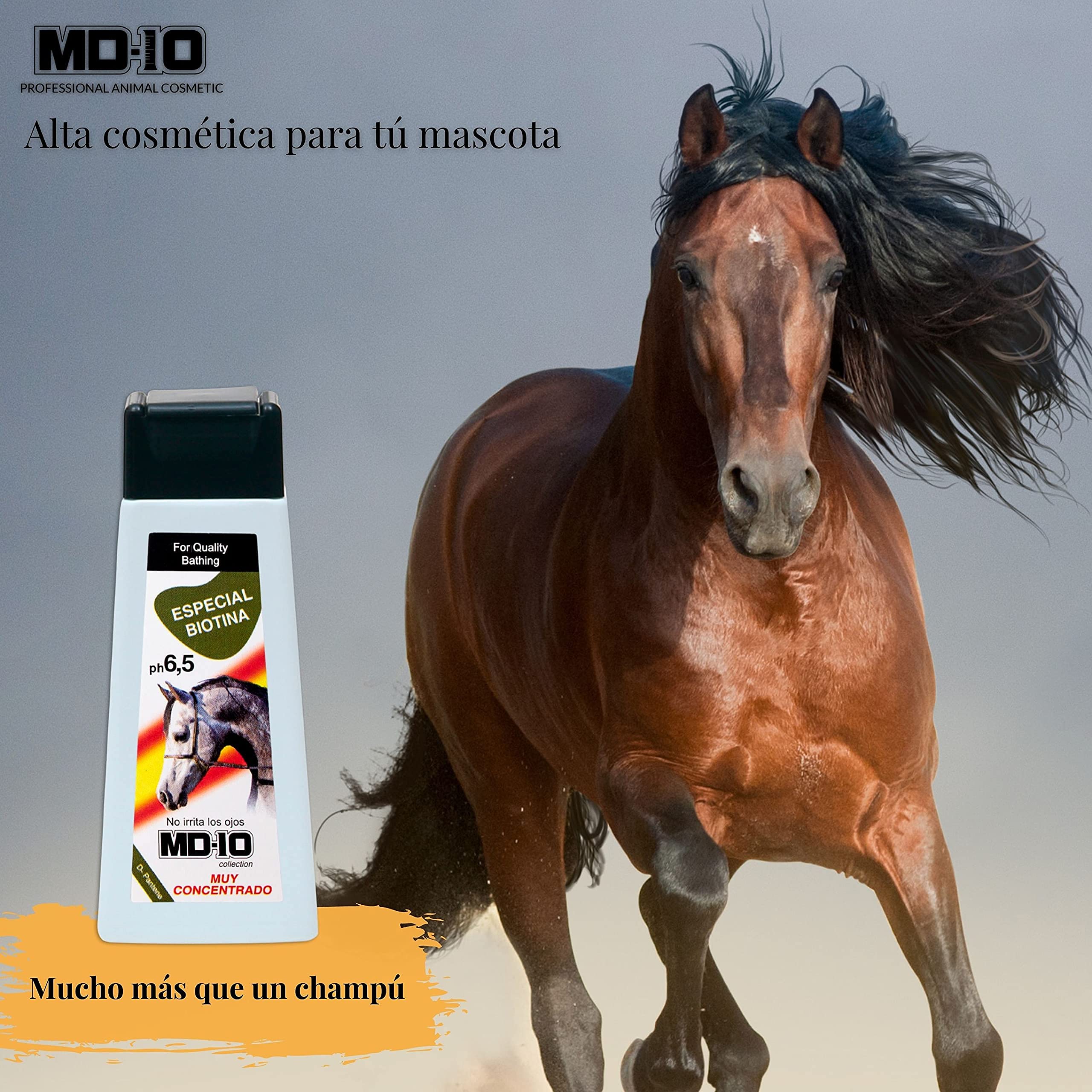 Champú para Caballos con Biotina - Estimula Crecimiento y Grosor del Pelo - Champú Suave Dermoprotector con Vitamina D-Pantenol - Contiene Aceite Esencial de Romero - pH 6.5-5 L - MD10 Collection