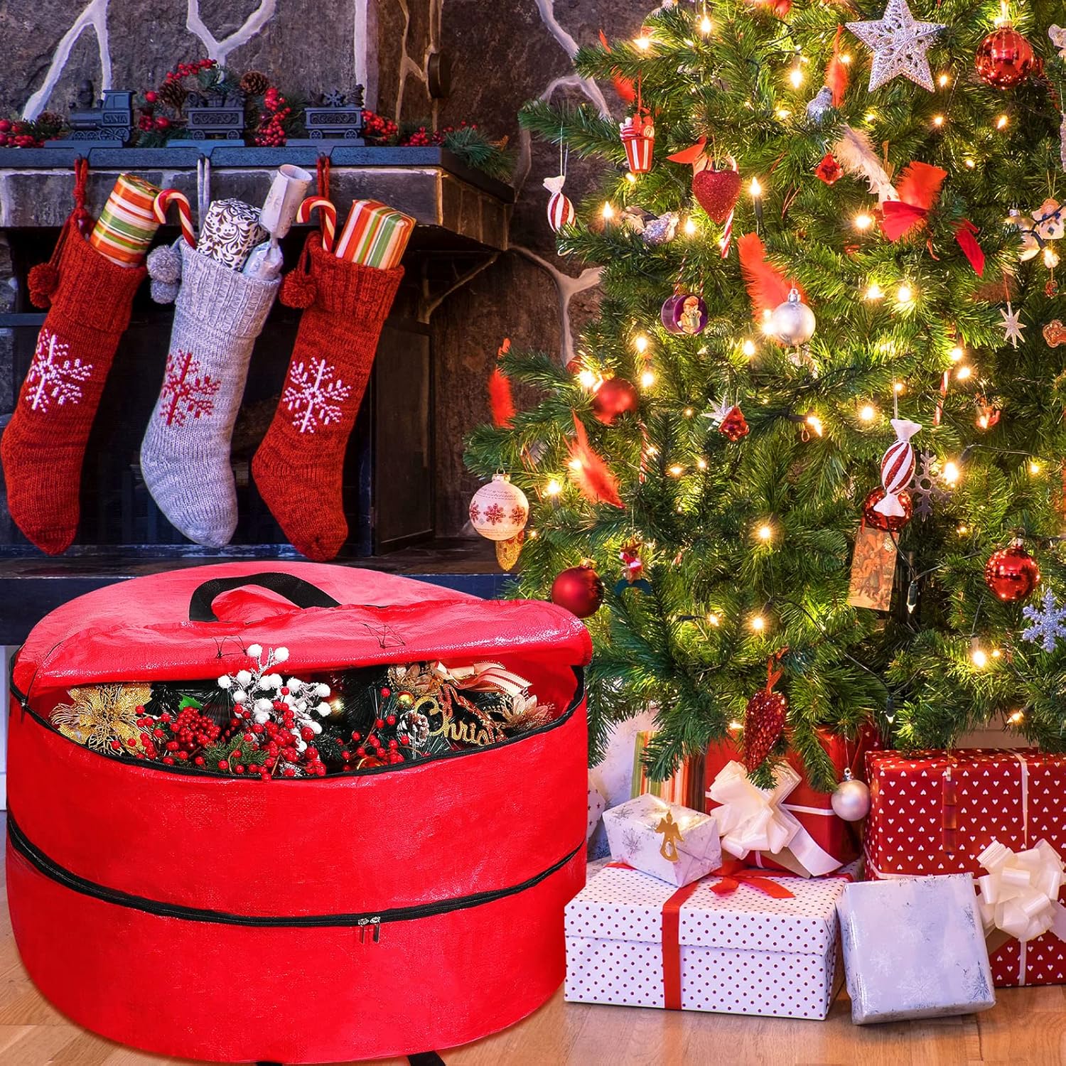 Hoolerry Double Layer Christmas Wreath Storage Container Bags Double Wreath Storage Container Zippered Bag with Handle Festive Storage Box Storage for Xmas Garlands, Red(2 Pcs,30 Inch)