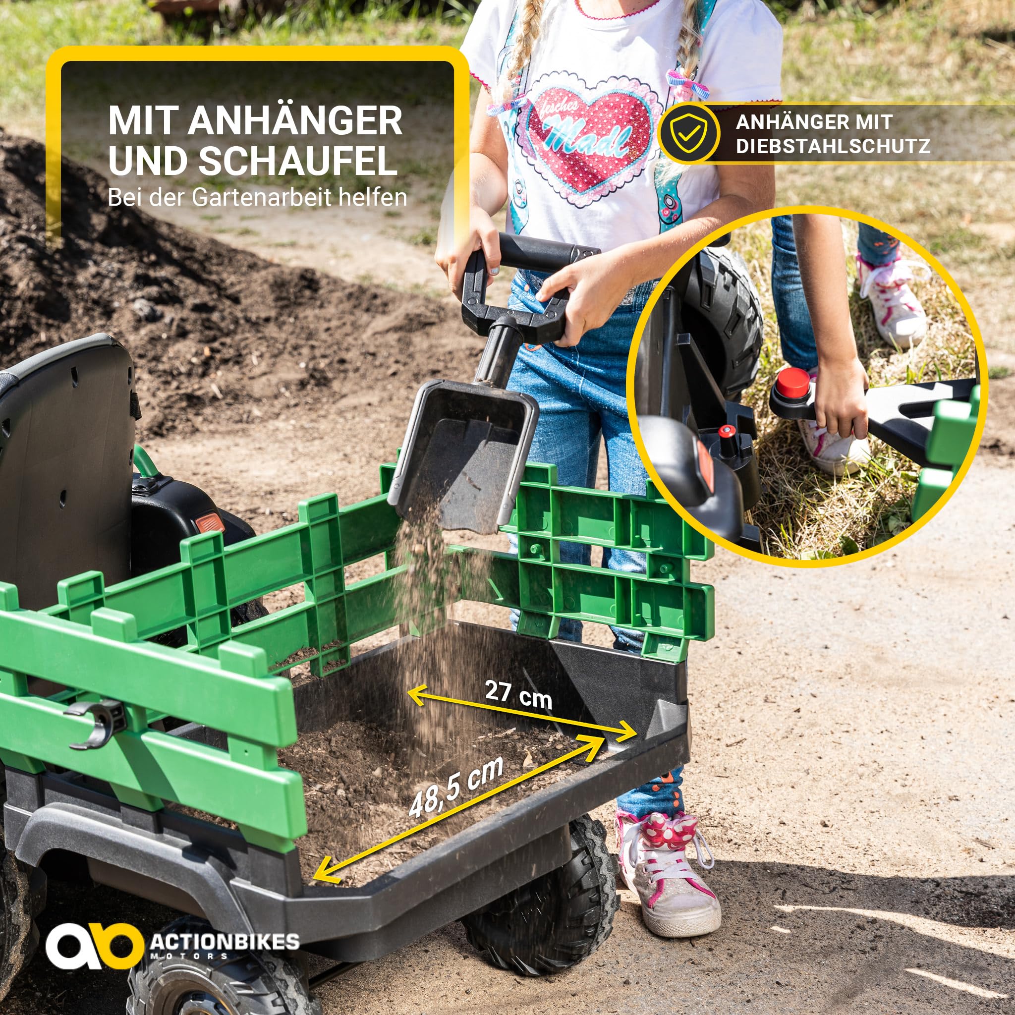 Actionbikes Motors Kinder Elektroauto TD925 | Fernbedienung mit First Funktion - Kinderauto elektrisch - Traktor mit Anhänger - Bulldog - Kindertraktor - Elektro Traktor ab 3 Jahre (Grün/Schwarz)