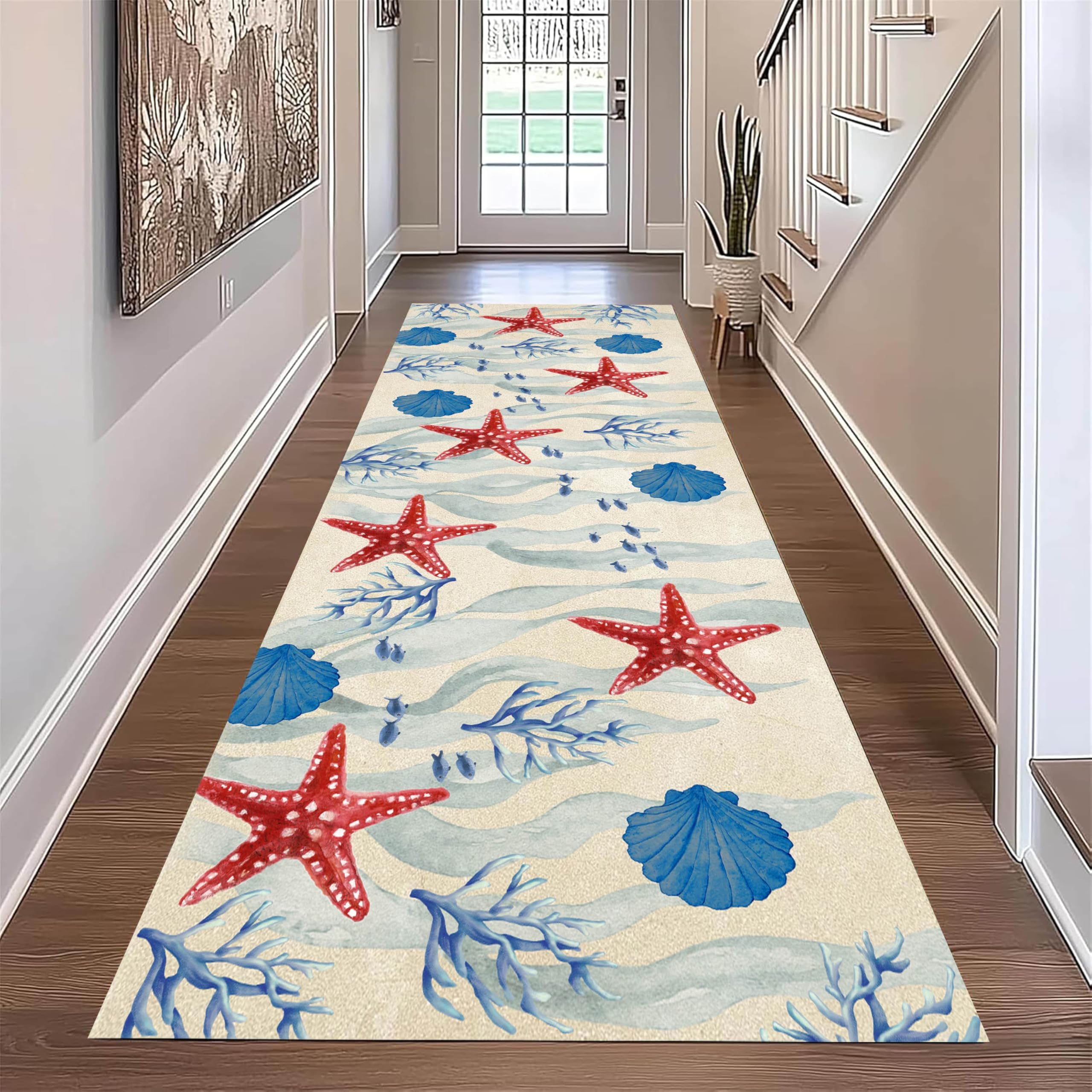 ZCLRUG Watercolor Beach Runner Rug, 80 x 300 cm marine life starfish Seashell coral Washable Rug, Soft Non-Slip Durable Ocean Theme Red Blue Floor mat, for Bedside Living Room Entryway Indoor Carpet