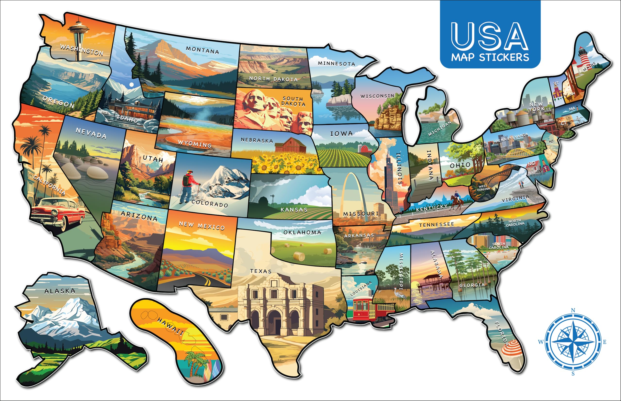 Naklejka winylowa z mapą stanów USA, do kampera, przyczepy, na szybę, flagi stanów, mapa Ameryki na wycieczki samochodowe, odporna na wodę i promieniowanie UV, na okna, drzwi lub ściany (krajobraz)