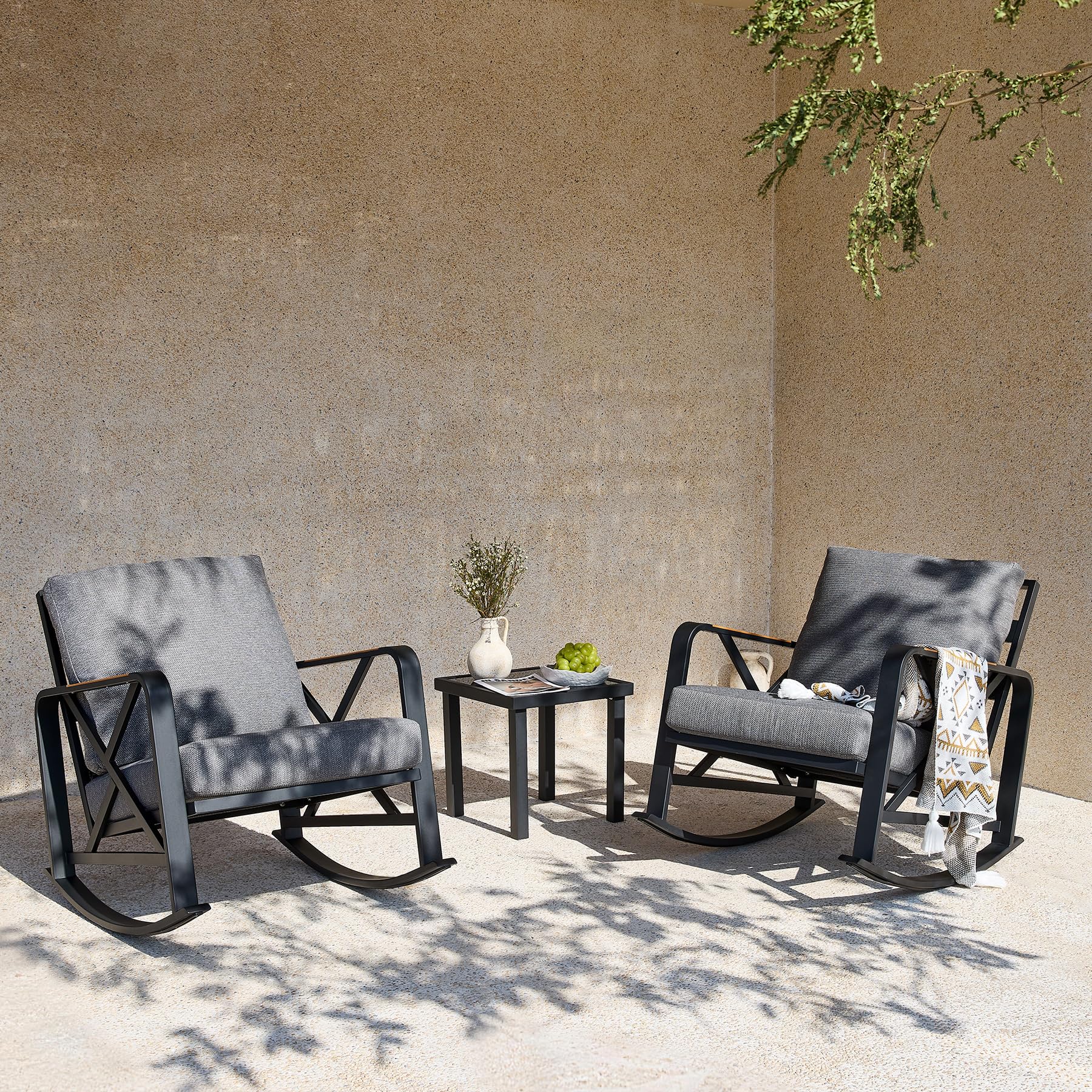 Tribesigns Outdoor Rocking Chair Set, Patio Furniture Sets, Waterproof Rocking Chair with Thick Cushion, Metal Rocker for Balcony (Grey, 3PCS Rocking