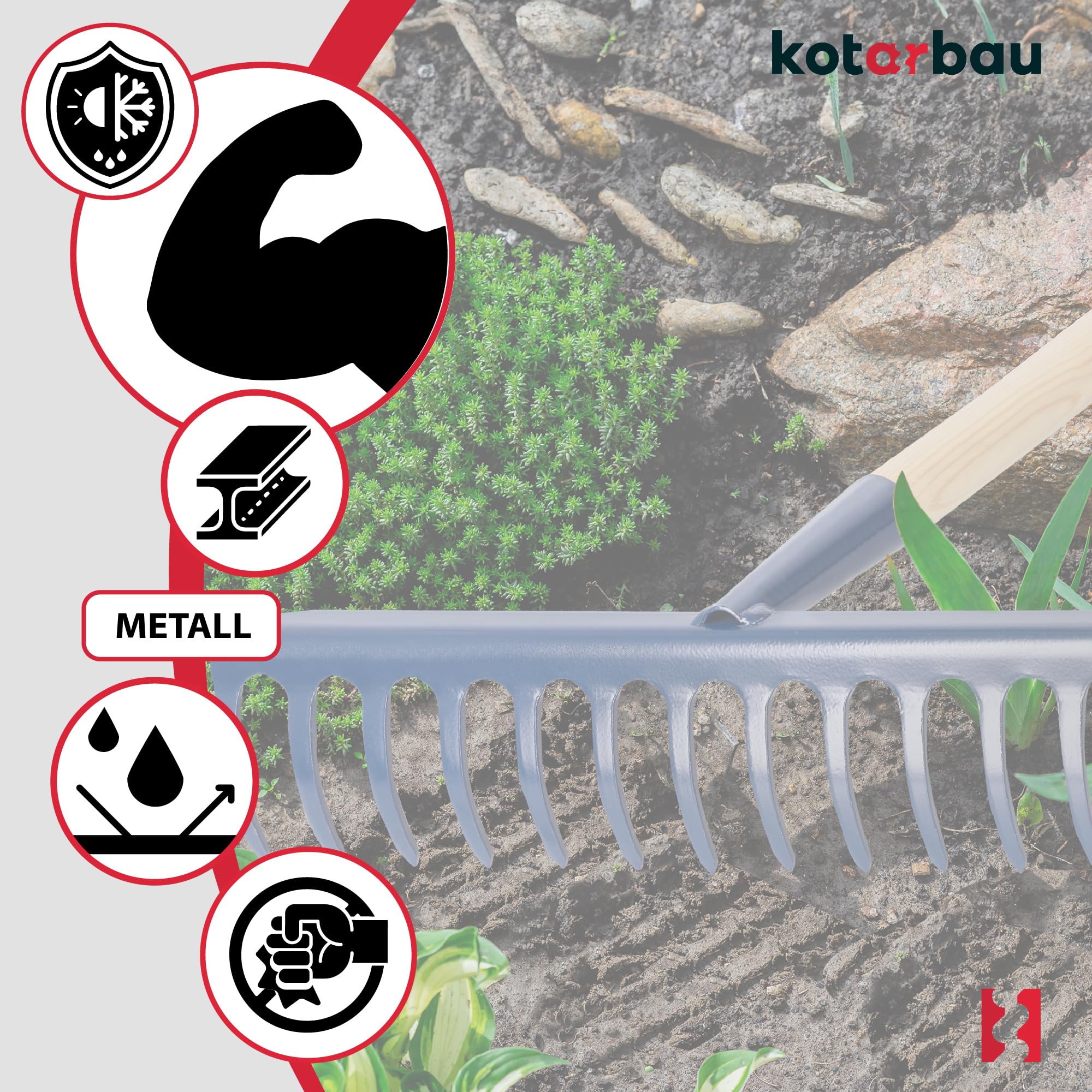 KOTARBAU® Rastrillo Jardin - Acero - 36 cm - Azul Marino - Rastrillo Hojas Jardin - con Mango de Madera 136 cm - 14 Dientes - Herramienta para Cesped y Jardineria