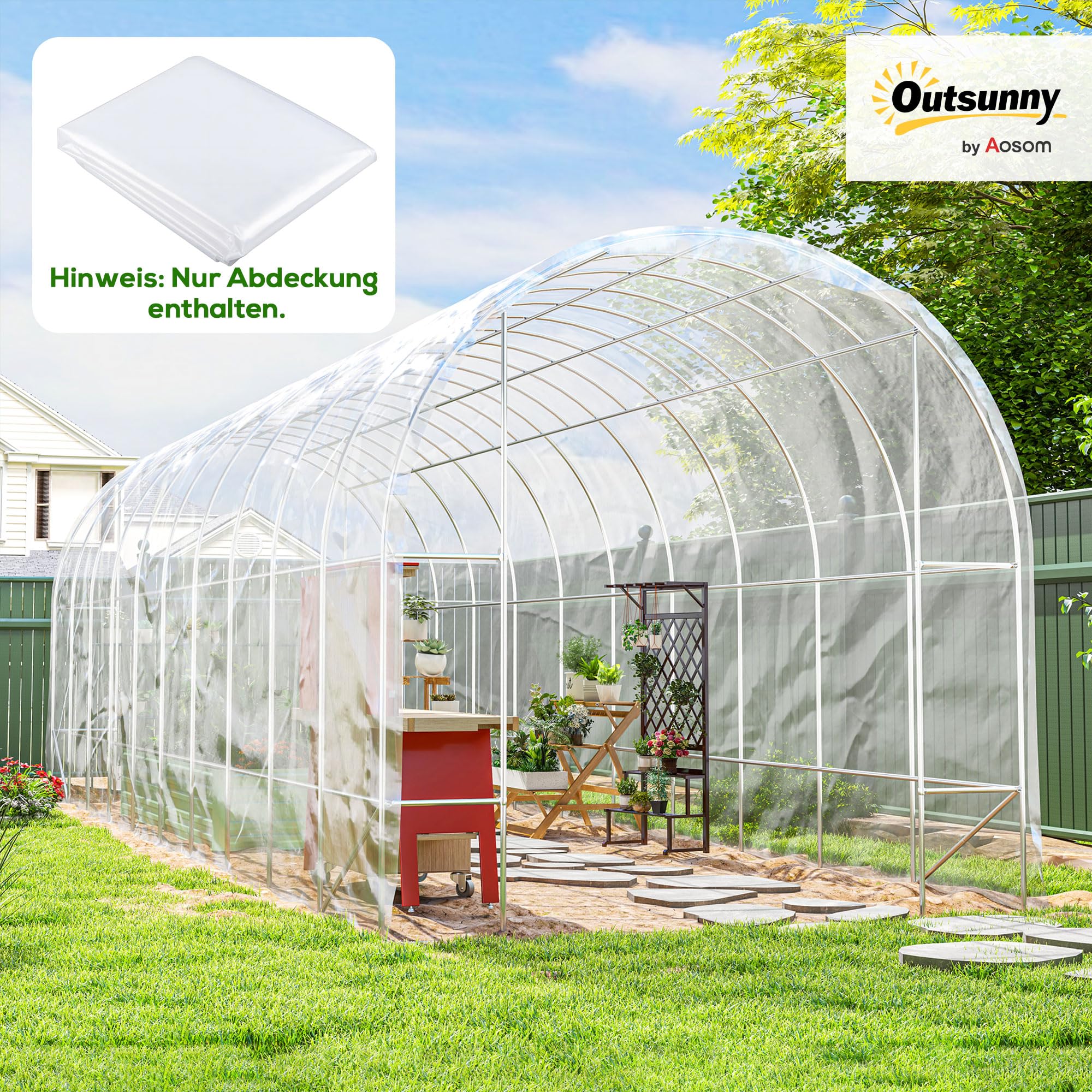 Outsunny lámina para invernadero 8x10 m lámina impermeable para jardín con protección UV, lámina de plástico extra gruesa resistente al desgarro, lona de cubierta para túnel de lámina para