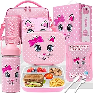 Bento Box for Kids with Ice Pack Lunch Box for Girls 5-12 for School with Lunch Bag Set Cute Kids Lunch Box Containers with Stainless Steel Water Bottle for Pre-School Girls Toddler Daycare