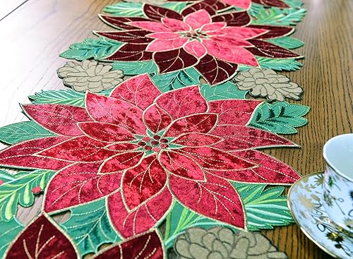 Miniatura 8 de KEVA Camino de mesa navideño de 72 pulgadas de largo, bordado de terciopelo rojo de flor de pascua, decoración de mesa navideña para el hogar y la