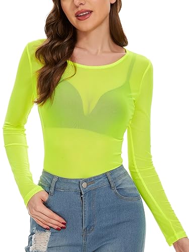 Women's Mesh Tops See Through Shirts Long Sleeve Bodycon Sheer