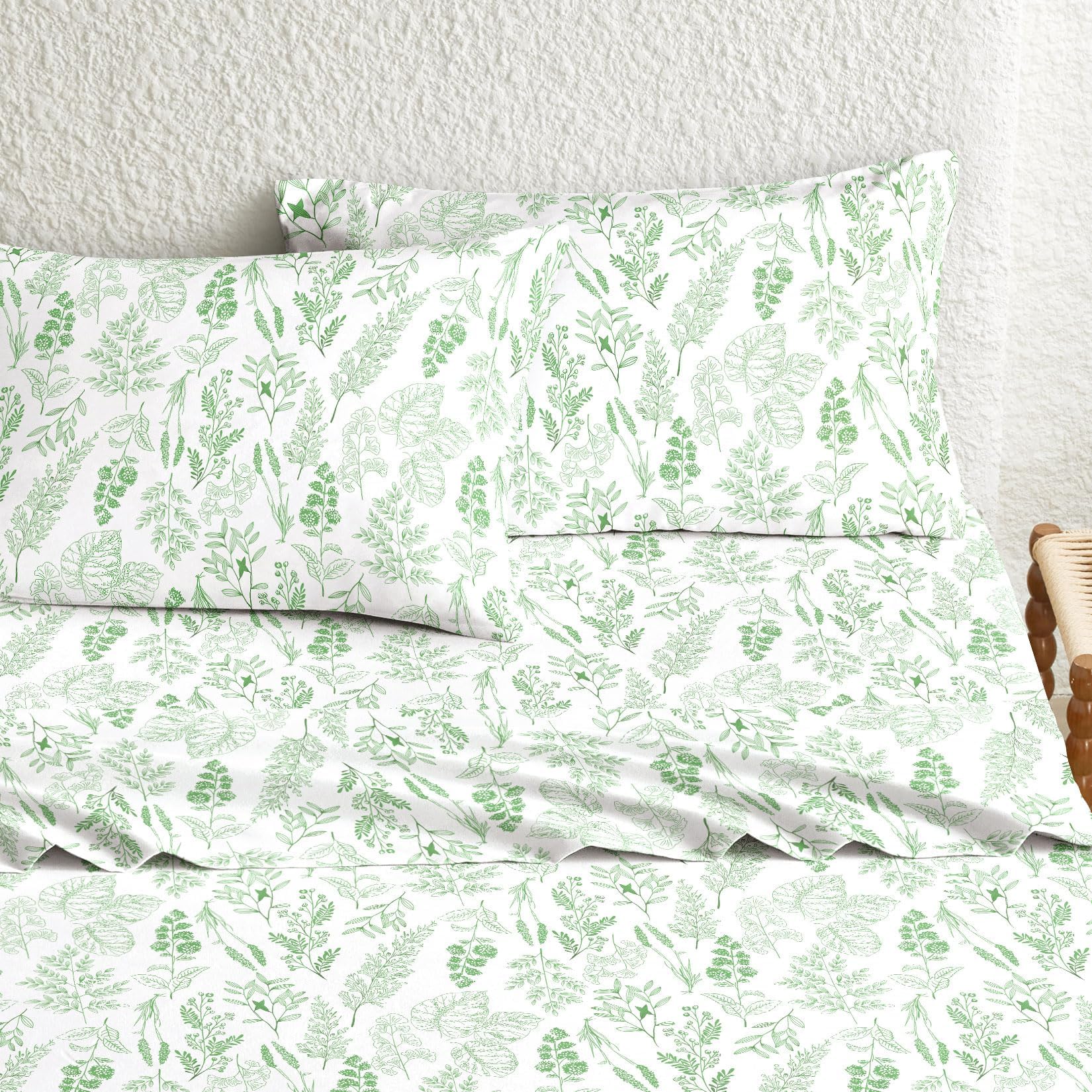 Wake In Cloud - Botanical Bed Sheets 4-Piece Sheet Set Floral Shabby Chic Leaves Pattern Printed Coquette Vintage
