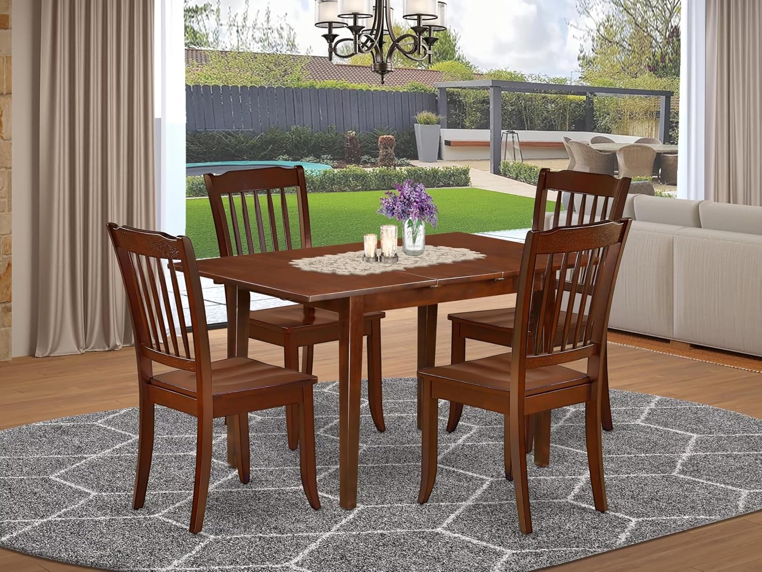 East West Furniture NODA5-MAH-W 5 Piece Dinette Set for 4 Includes a Rectangle Dining Room Table with Butterfly Leaf and 4 Dining Chairs, 32x54 Inch, Mahogany