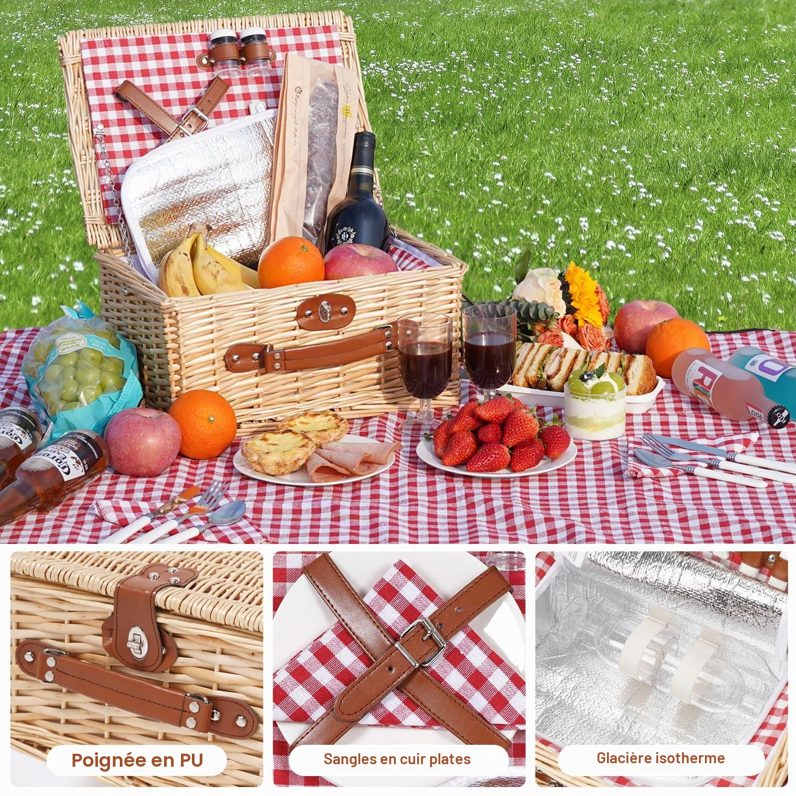 Panier de pique-nique pour 2 personnes - Avec compartiment isotherme et couverture de pique-nique imperméable - Fabriqué à la main - Cadeau pour camping, plage, randonnée (RotCheck)