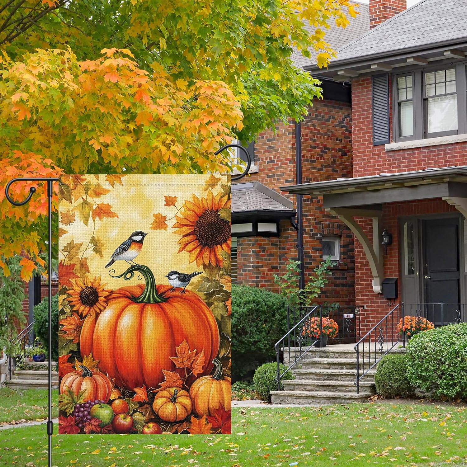 Heyfibro Fall Pumpkin Garden Flag 12x18 Double Sided Burlap, Autumn Sunflower Birds Yard Flags for Thanksgiving Rustic Seasonal Outside Outdoor Decoration (ONLY FLAG) - Image 3