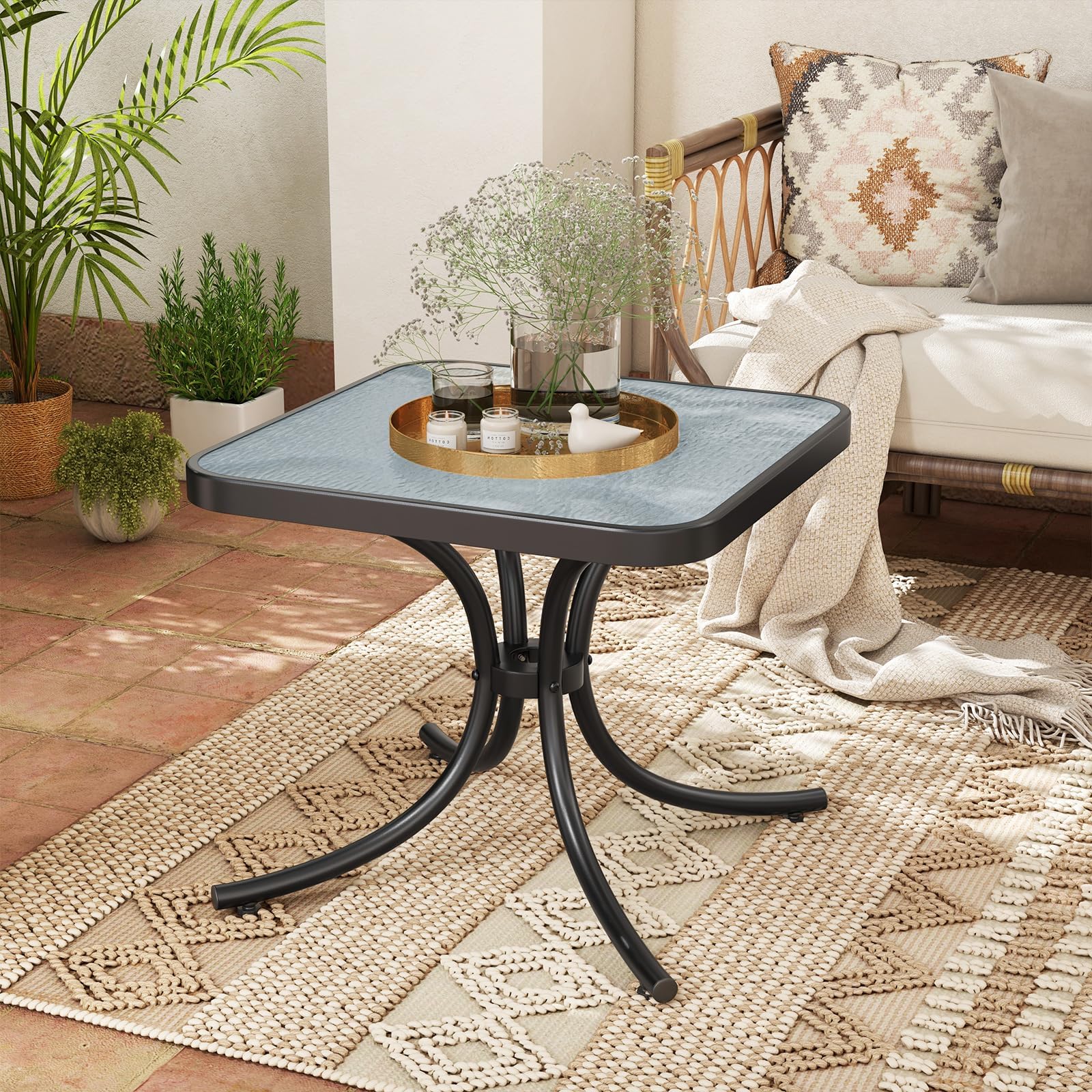 RELAX4LIFE Tavolo da Giardino, Tavolino da Balcone in Vetro Temperato senza Foro Ombrellone, Struttura in Metallo Resistente, Design con Effetto Onde, per Esterno e Interno (50×50×45cm, Quadrato)