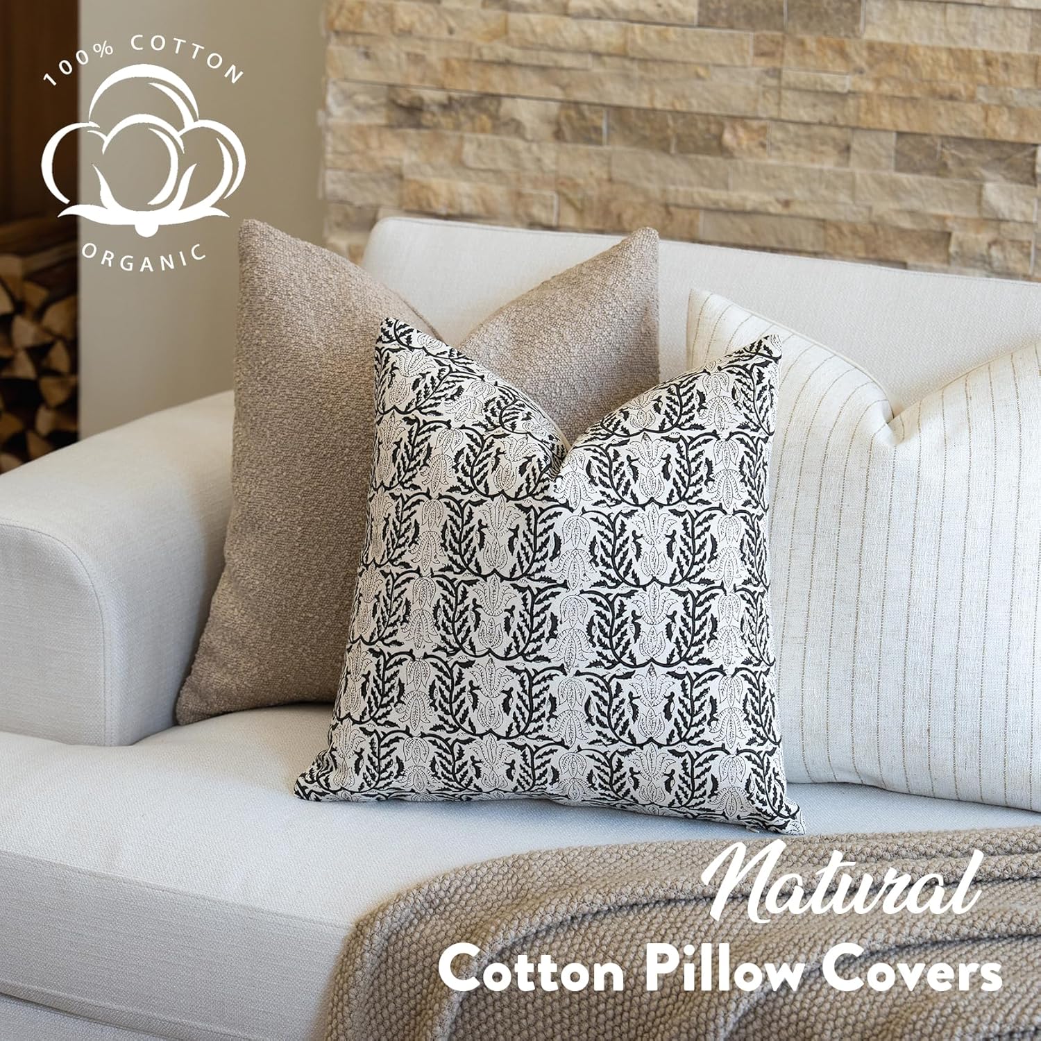 FIOUOVO Floral Throw Pillow Covers 18x18 Set of 2 Block Print Cushion Covers Farmhouse Neutral Accent Decorative Pillow Covers Home Decor for Sofa Couch Living Room Bedroom, Charcoal Black