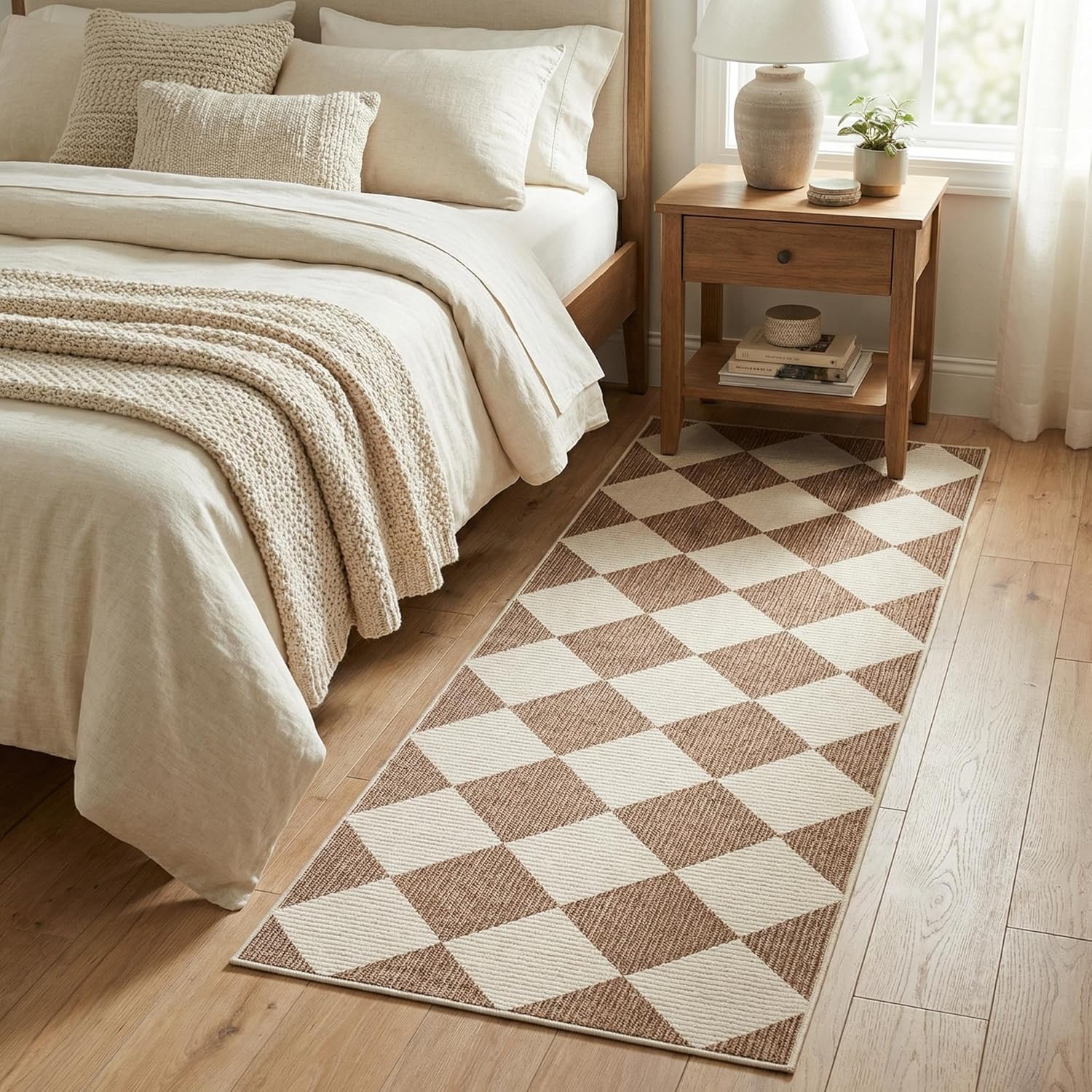 GarveeHome Checkered Rug Runners for Hallways, 2x6 Brown Diamond Print Kitchen Runner Non Slip Backing Entryway Rug Thin Laundry Mat Stain Resistant Carpet for Bedroom Bathroom Beside Mat