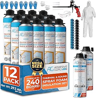 Adhesive Guru Spray Foam Insulation Kit (12 x 32.80 oz/930 gr - 240 Bd Ft) Closed Cell Heat Insulation & Acustic Spray, Self-Expanding Adhesive with Foam Cleaner and Dispensing Gun (12 Pack)