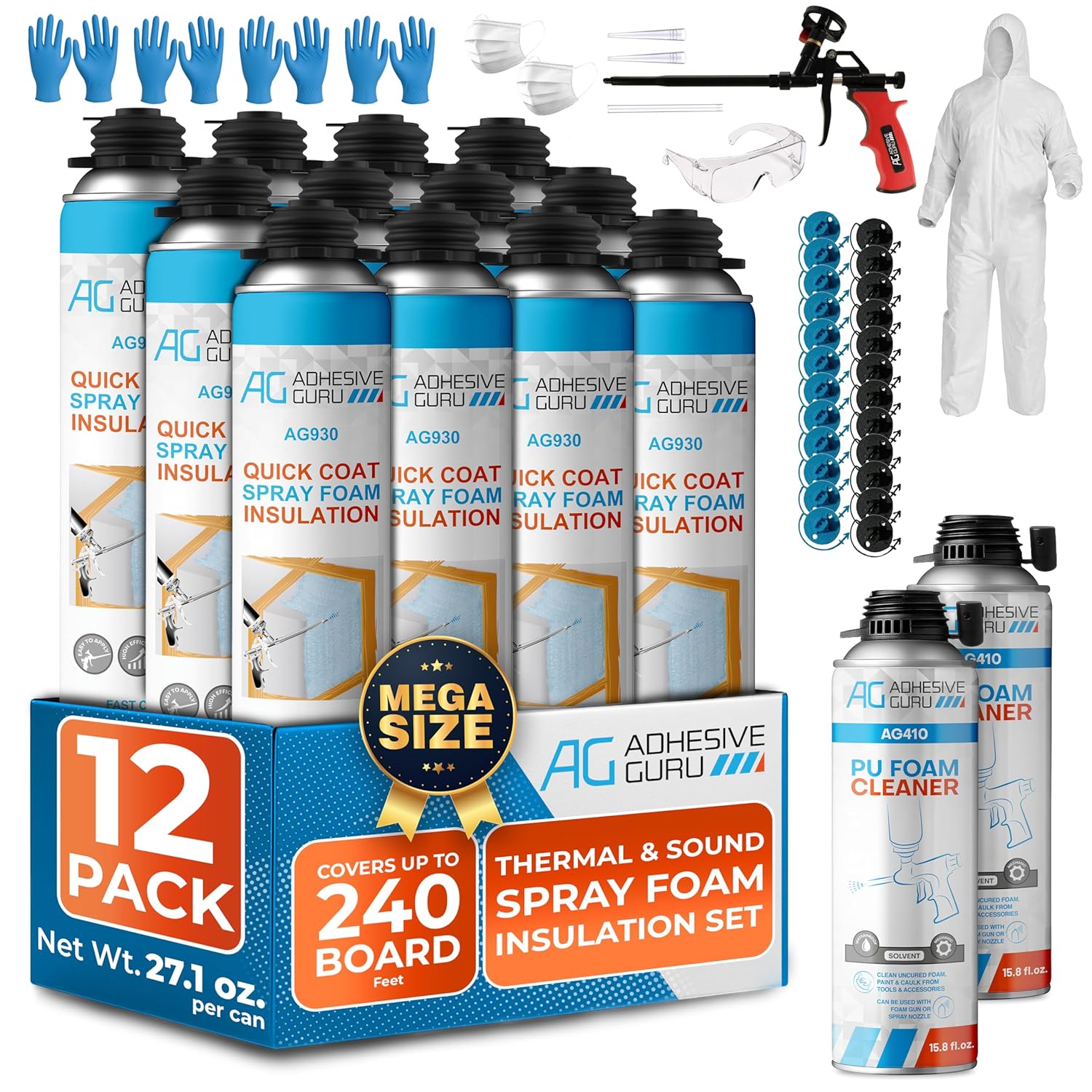 Adhesive Guru Spray Foam Insulation Kit (12 x 32.80 oz/930 gr – 240 Bd Ft) Closed Cell Heat Insulation & Acustic Spray, Self-Expanding Adhesive with Foam Cleaner and Dispensing Gun (12 Pack)